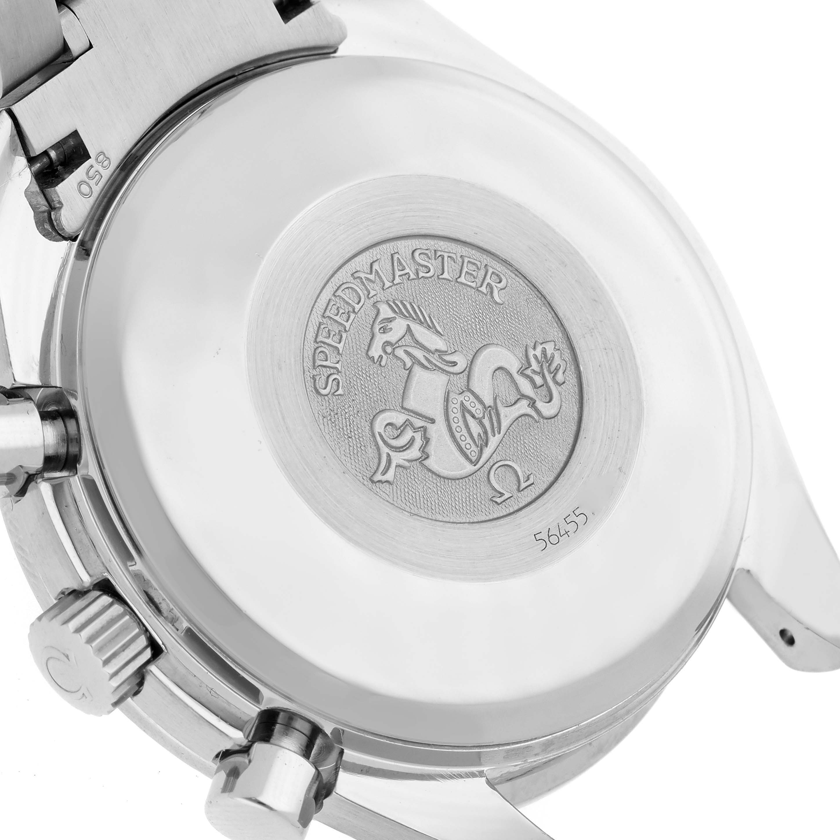 The image shows the case back of the Omega Speedmaster 3520.50.00 Men
s Stainless Steel Black Dial 3520.50.00 Men
s Stainless Steel Black Dial, featuring the brand logo and emblem at an angled view.