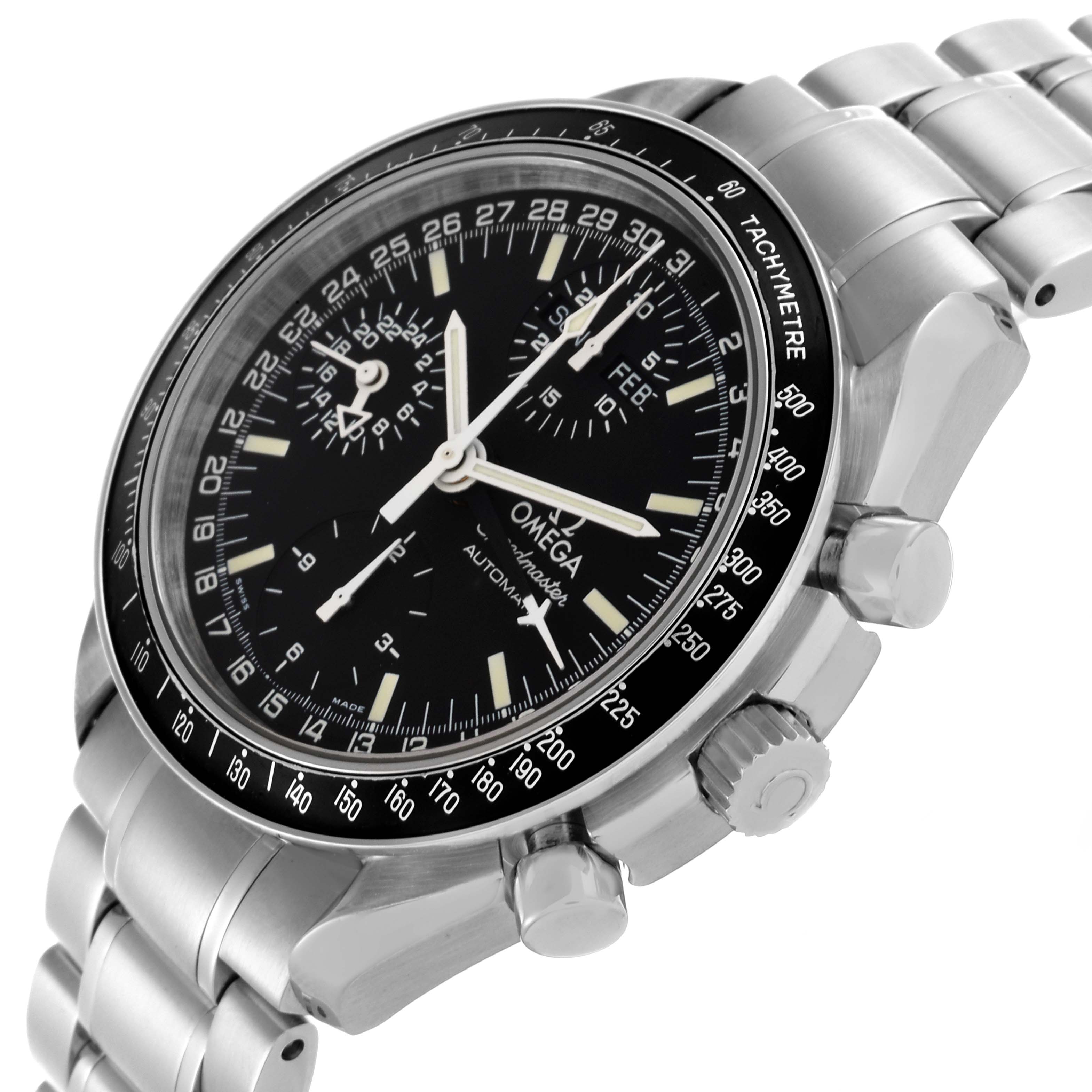 The Omega Speedmaster 3520.50.00 Men
s Stainless Steel Black Dial 3520.50.00 Men
s Stainless Steel Black Dial watch is shown at a three-quarter angle, highlighting the face, bezel, crown, and stainless steel bracelet.