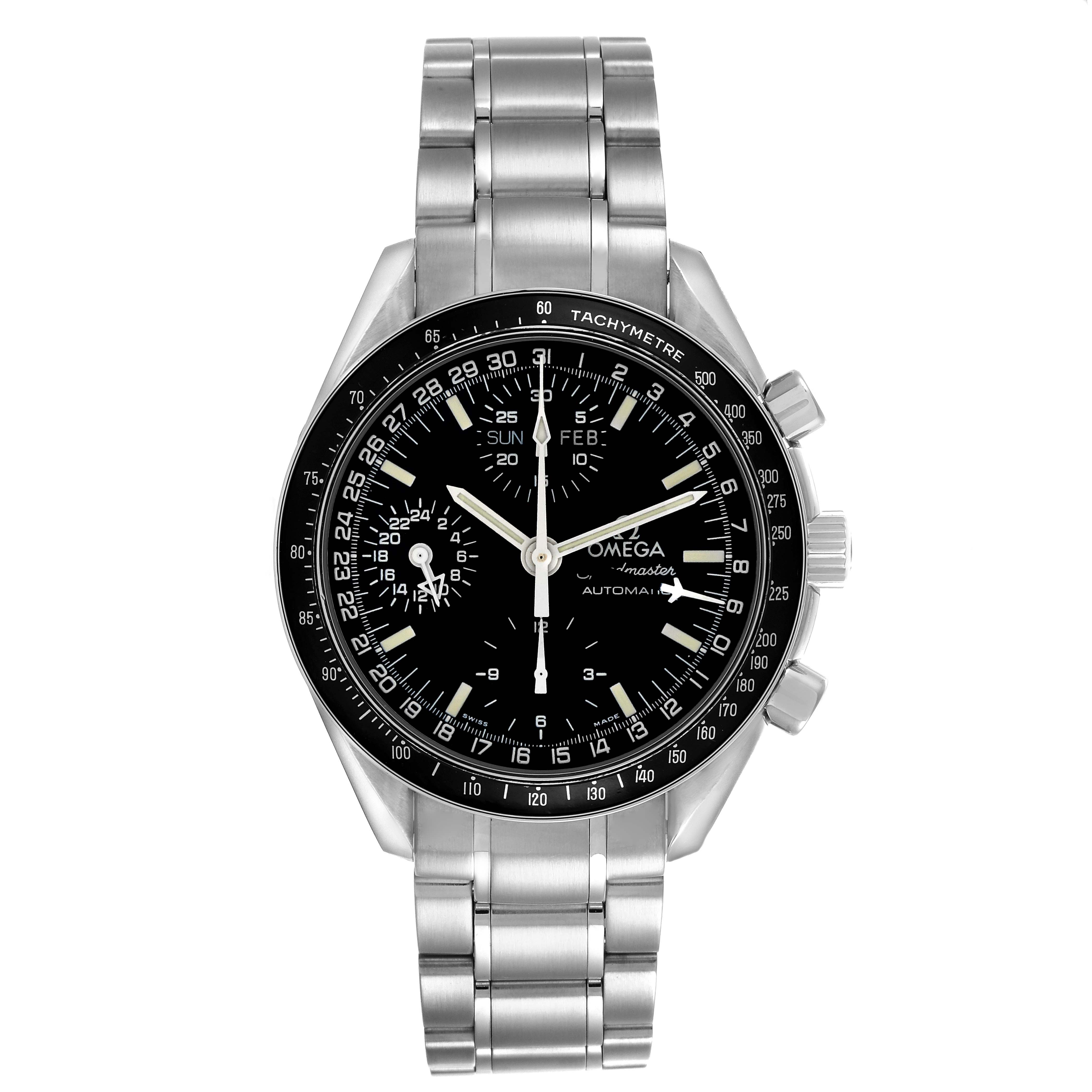 The Omega Speedmaster 3520.50.00 Men
s Stainless Steel Black Dial 3520.50.00 Men
s Stainless Steel Black Dial watch is shown from the front, displaying the face, bezel, and metal bracelet.