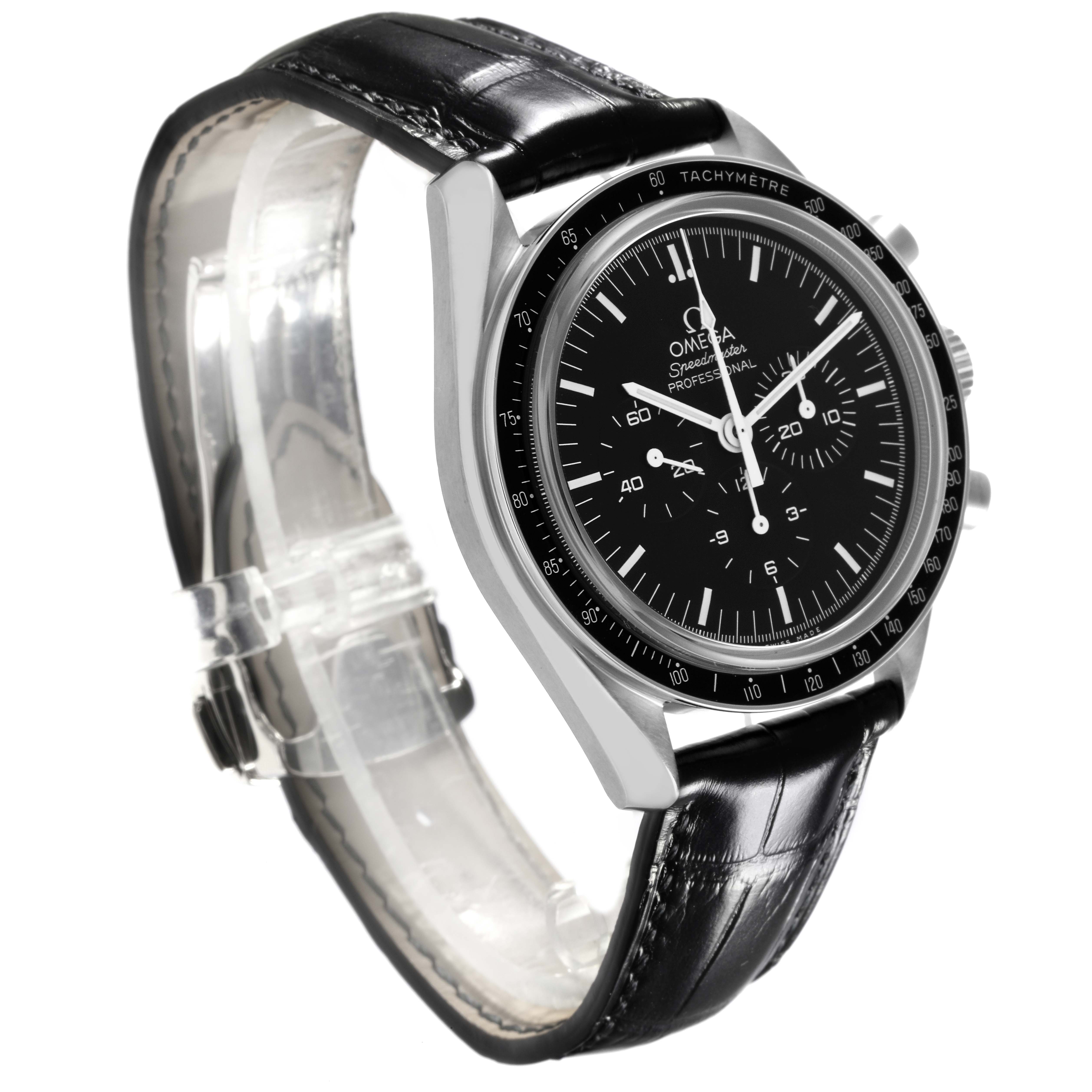 The Omega Speedmaster 311.30.42.30.01.006 Men
s Stainless Steel Black Dial 311.30.42.30.01.006 Men
s Stainless Steel Black Dial watch is shown at a side angle, highlighting the face, bezel, and black leather strap.
