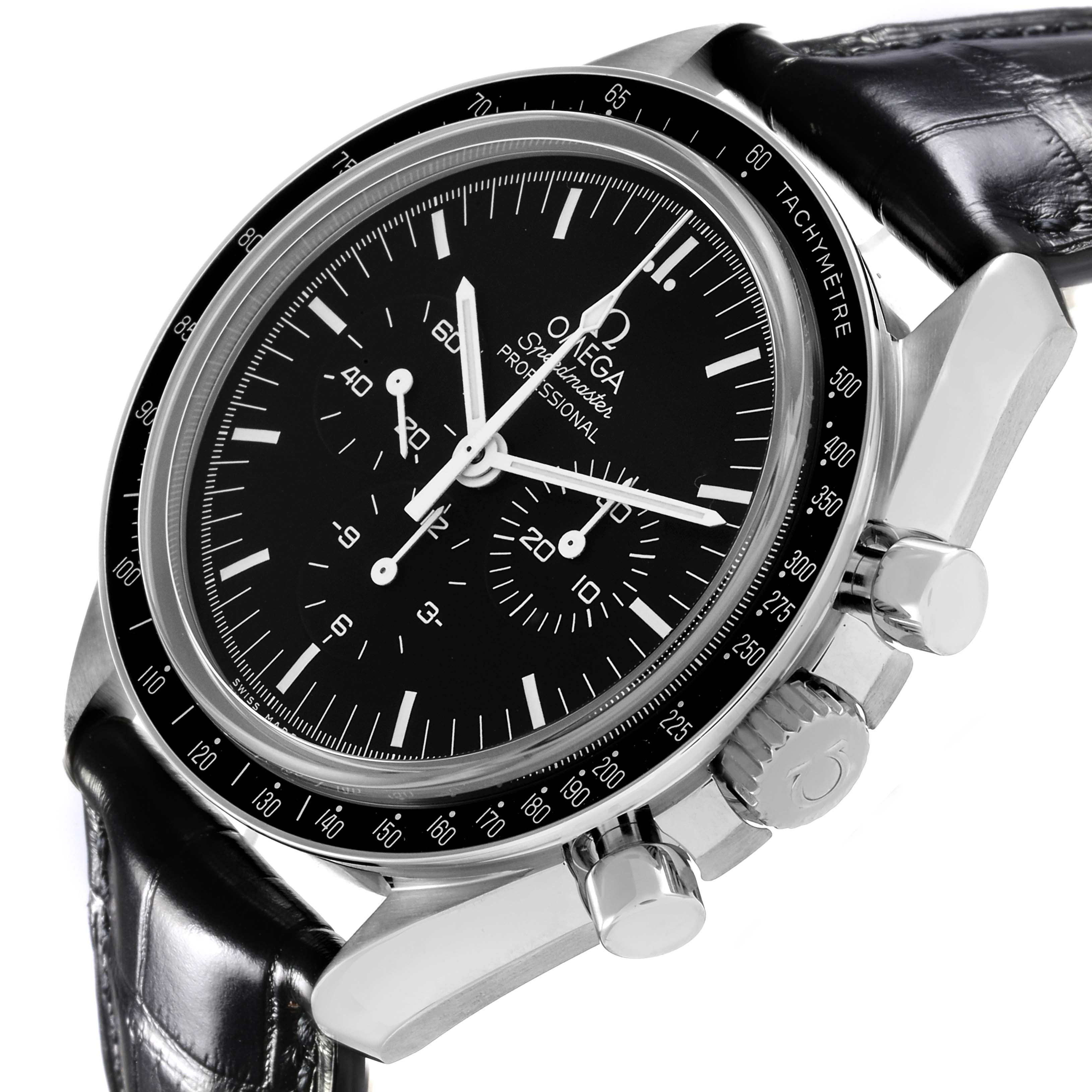The Omega Speedmaster 311.30.42.30.01.006 Men
s Stainless Steel Black Dial 311.30.42.30.01.006 Men
s Stainless Steel Black Dial watch is shown at a side angle, highlighting the bezel, crown, pushers, and black leather strap.