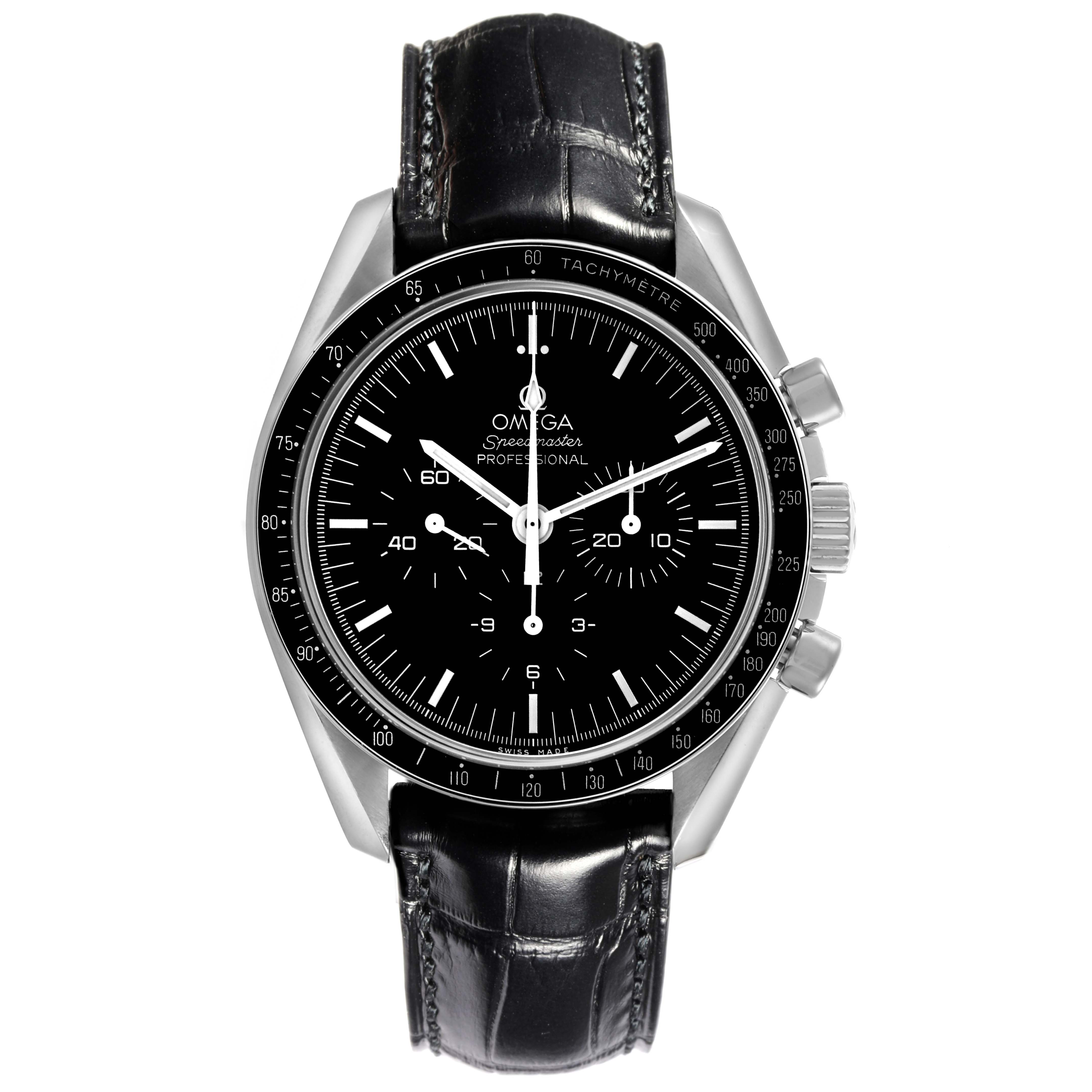 The Omega Speedmaster 311.30.42.30.01.006 Men
s Stainless Steel Black Dial 311.30.42.30.01.006 Men
s Stainless Steel Black Dial watch is shown from a front angle, displaying the face, bezel, chronograph, and leather strap.