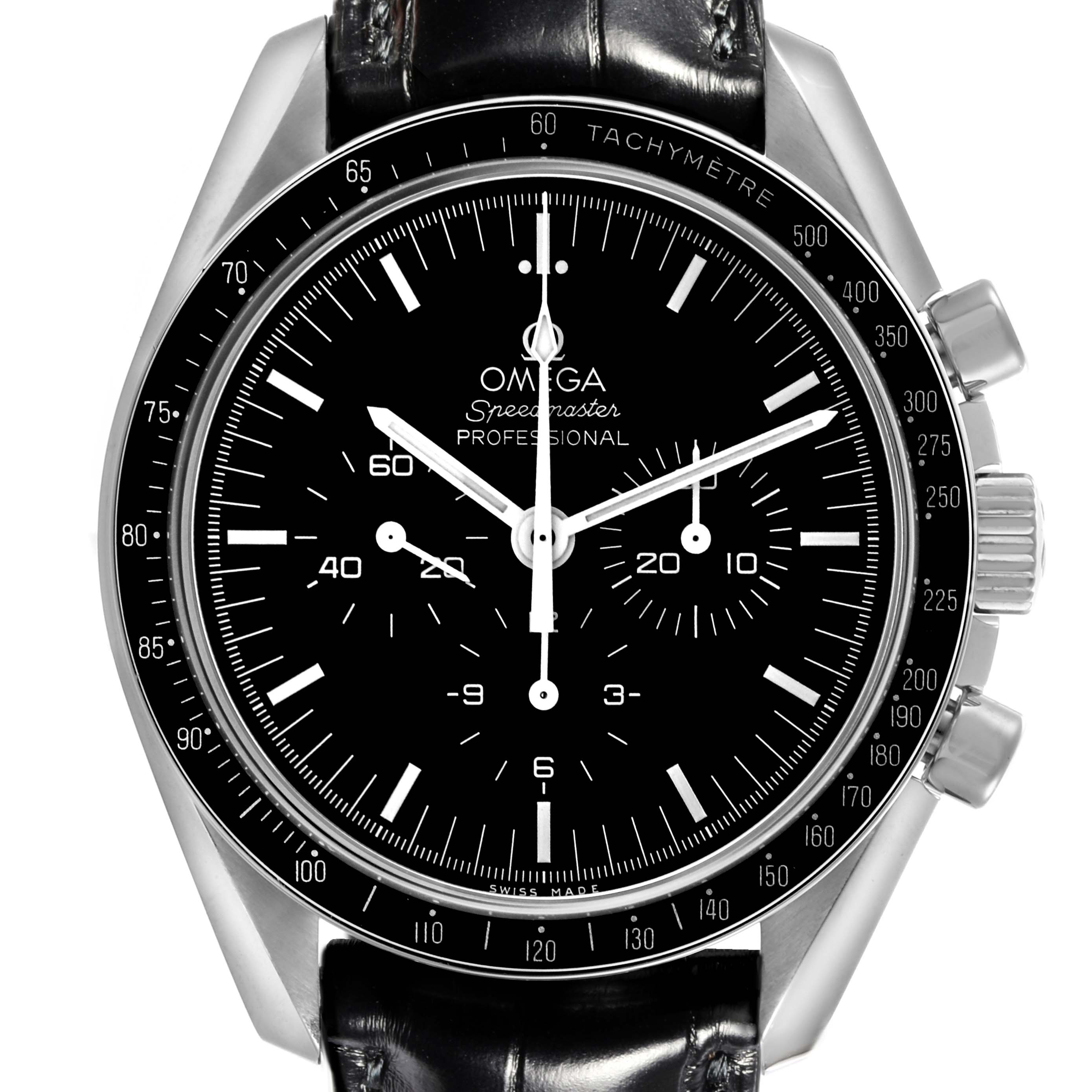 The Omega Speedmaster 311.30.42.30.01.006 Men
s Stainless Steel Black Dial 311.30.42.30.01.006 Men
s Stainless Steel Black Dial watch is shown from a straight-on angle, displaying the entire face and buttons on the side.