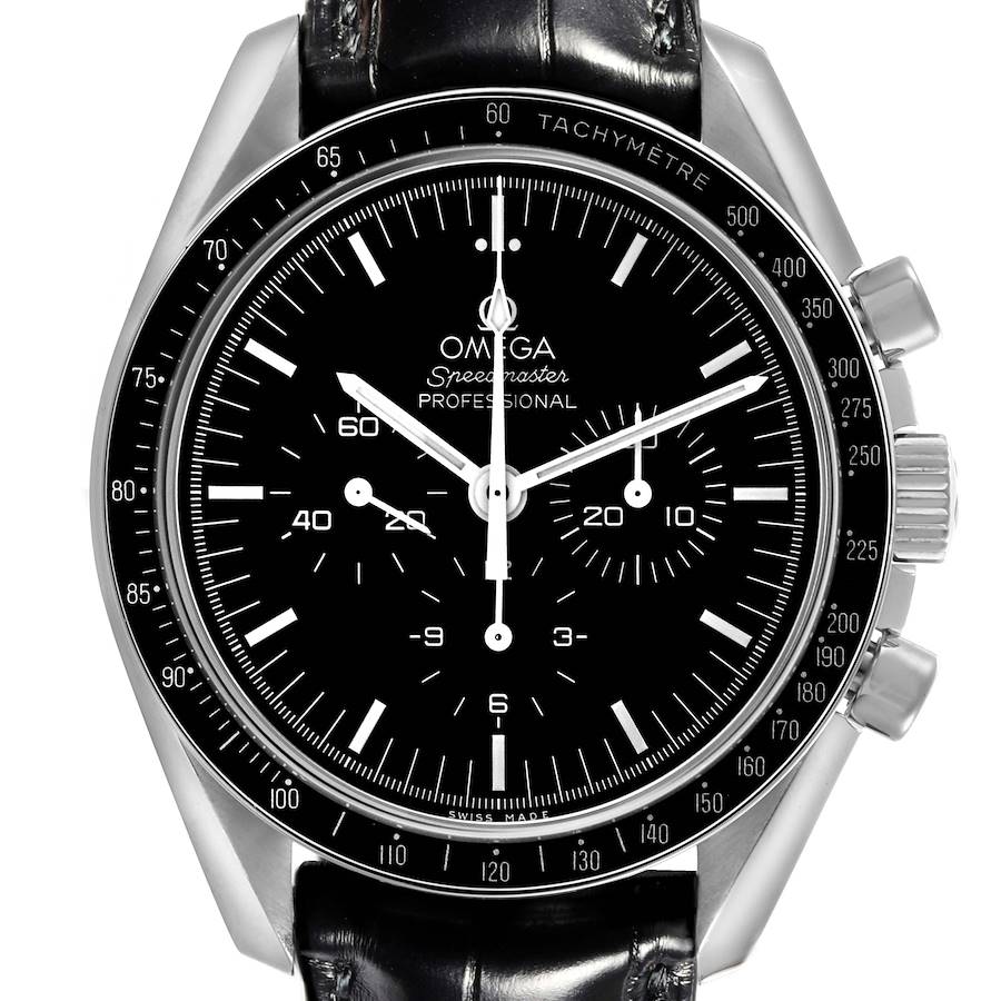 The Omega Speedmaster watch is shown from a straight-on angle, displaying the entire face and buttons on the side.