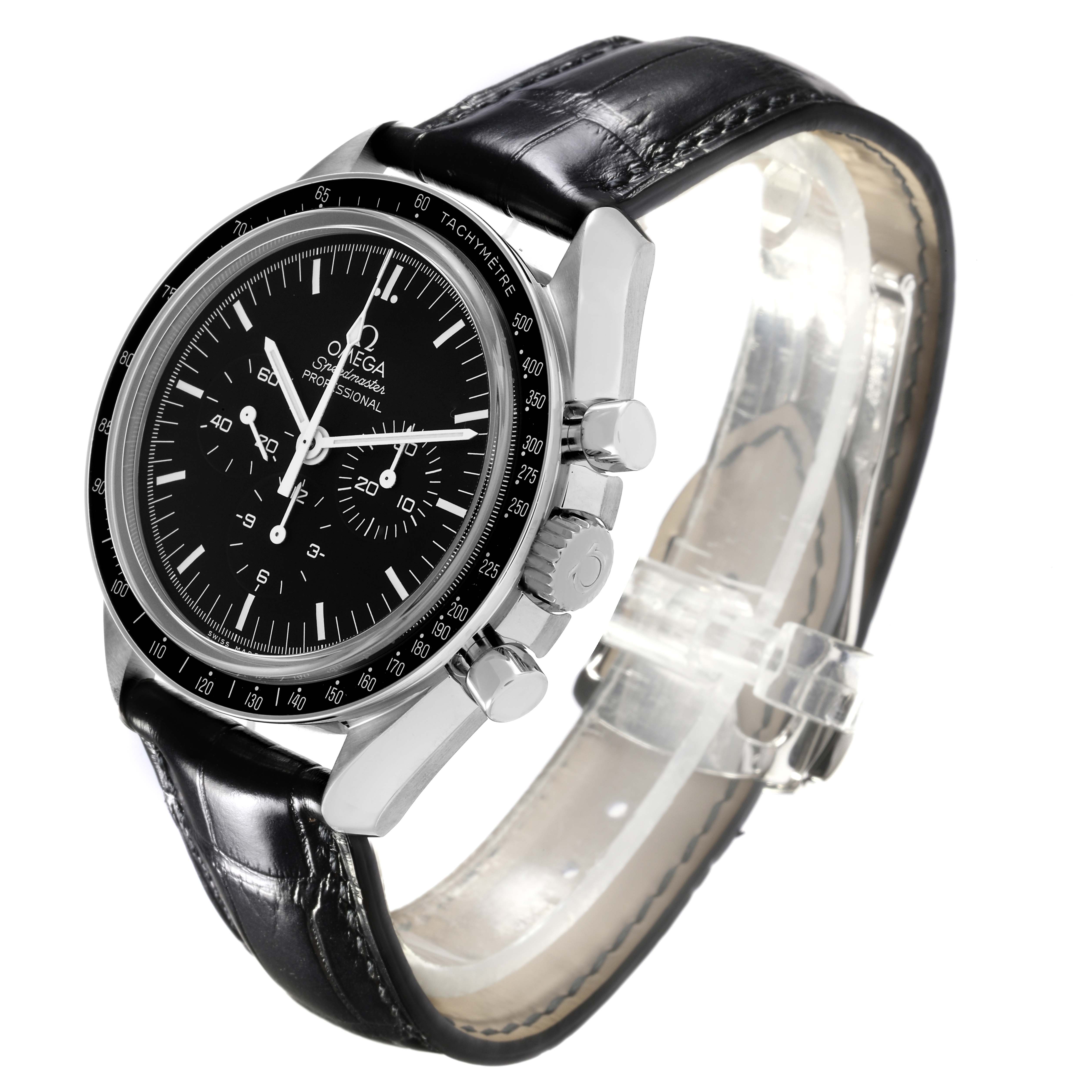 The Omega Speedmaster 311.30.42.30.01.006 Men
s Stainless Steel Black Dial 311.30.42.30.01.006 Men
s Stainless Steel Black Dial watch is shown at an angled side view, highlighting the face, bezel, and crown with pushers.