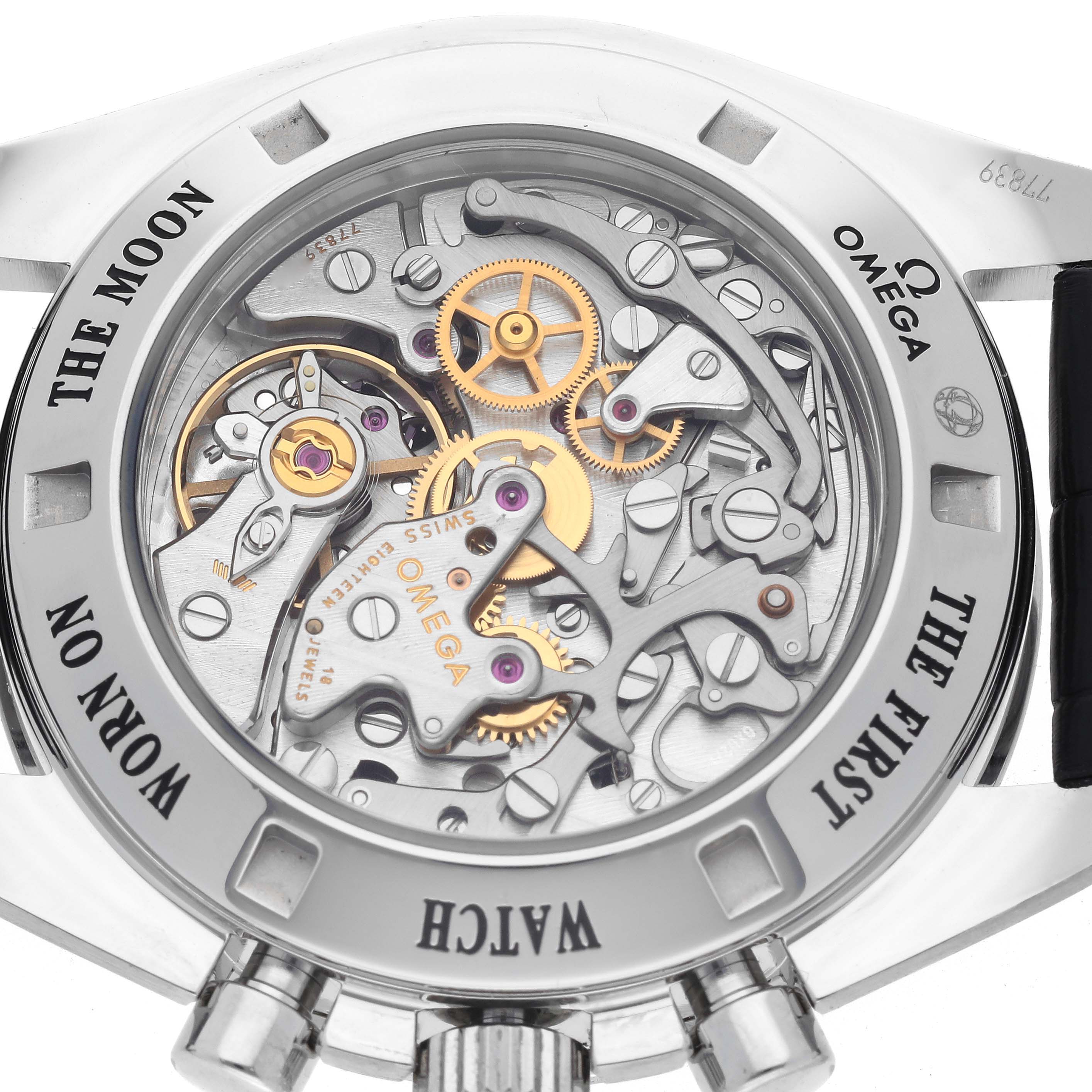 The Omega Speedmaster 311.30.42.30.01.006 Men
s Stainless Steel Black Dial 311.30.42.30.01.006 Men
s Stainless Steel Black Dial is shown from the back, displaying its intricate movement and mechanical components.