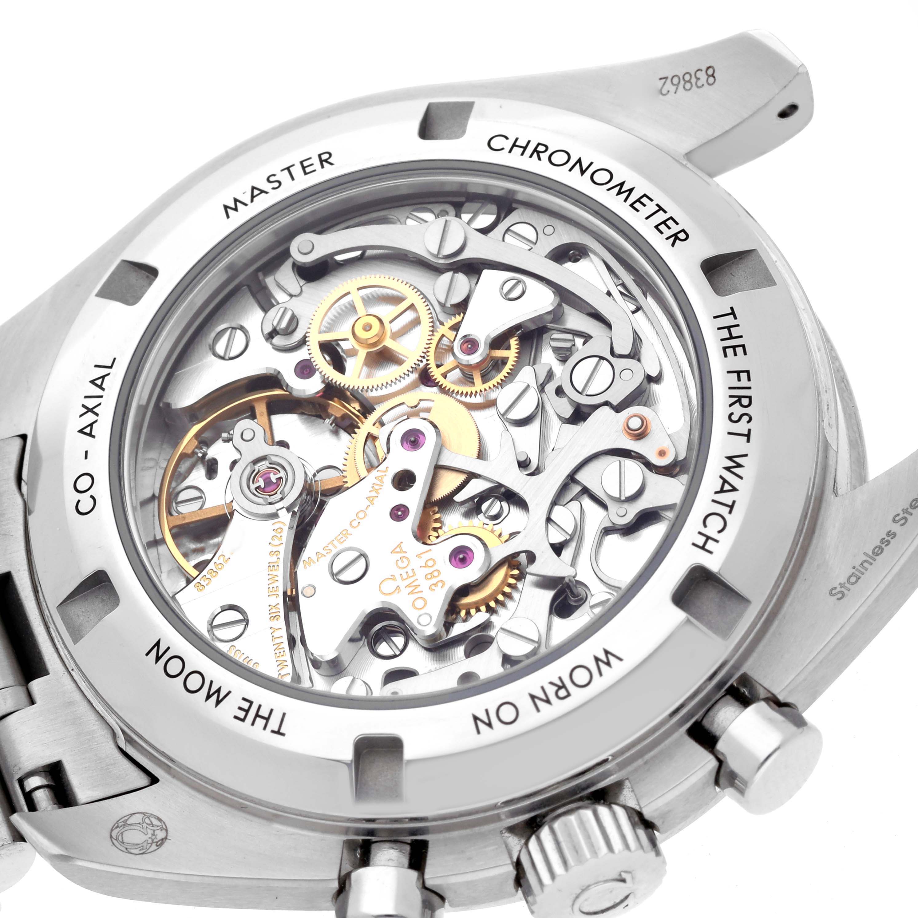 The Omega Speedmaster 310.30.42.50.01.002 Men
s Stainless Steel Black Dial 310.30.42.50.01.002 Men
s Stainless Steel Black Dial model is shown from the back, revealing the intricate mechanical movement and case details.