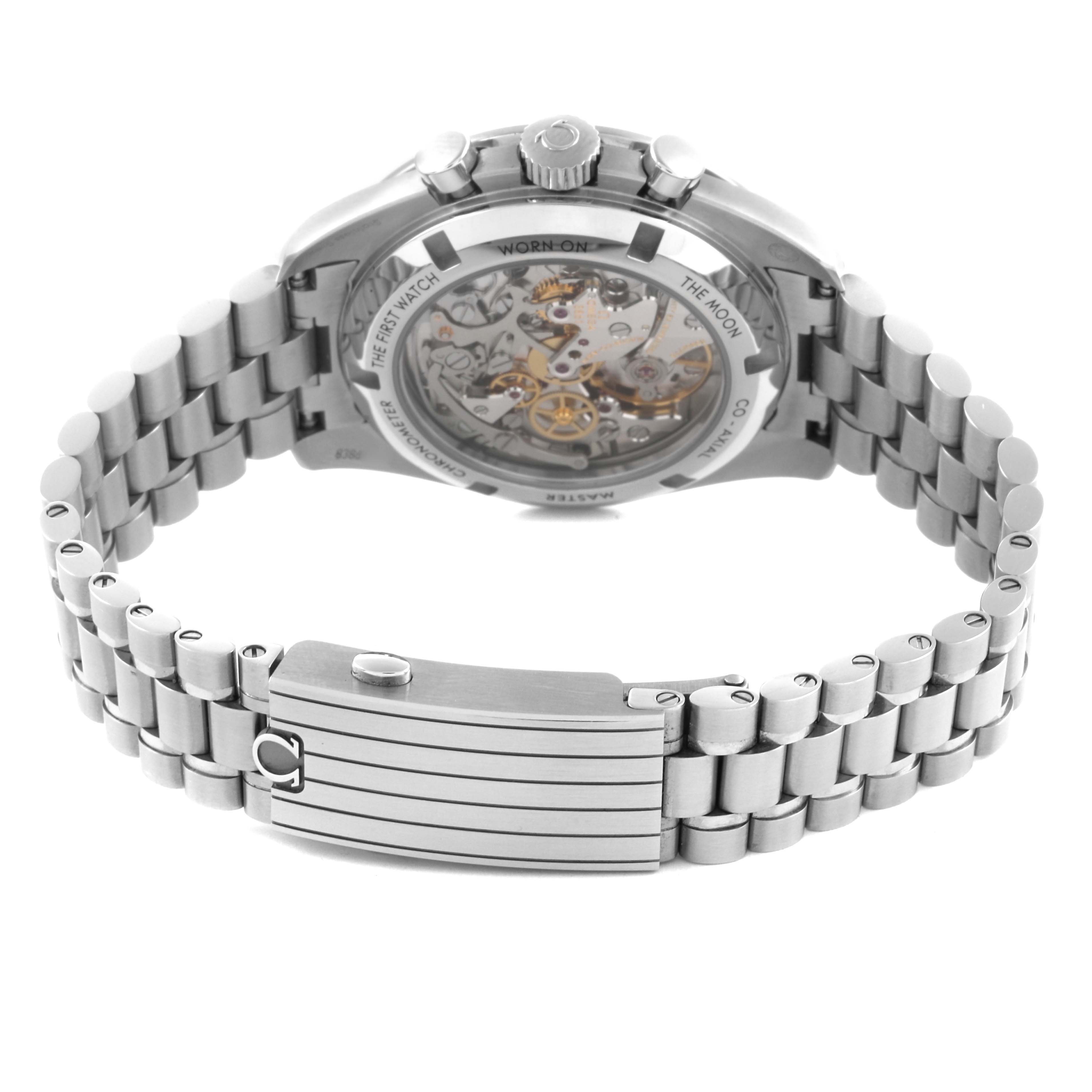 The image shows the back view of an Omega Speedmaster 310.30.42.50.01.002 Men
s Stainless Steel Black Dial 310.30.42.50.01.002 Men
s Stainless Steel Black Dial, highlighting its transparent case back and metal bracelet.