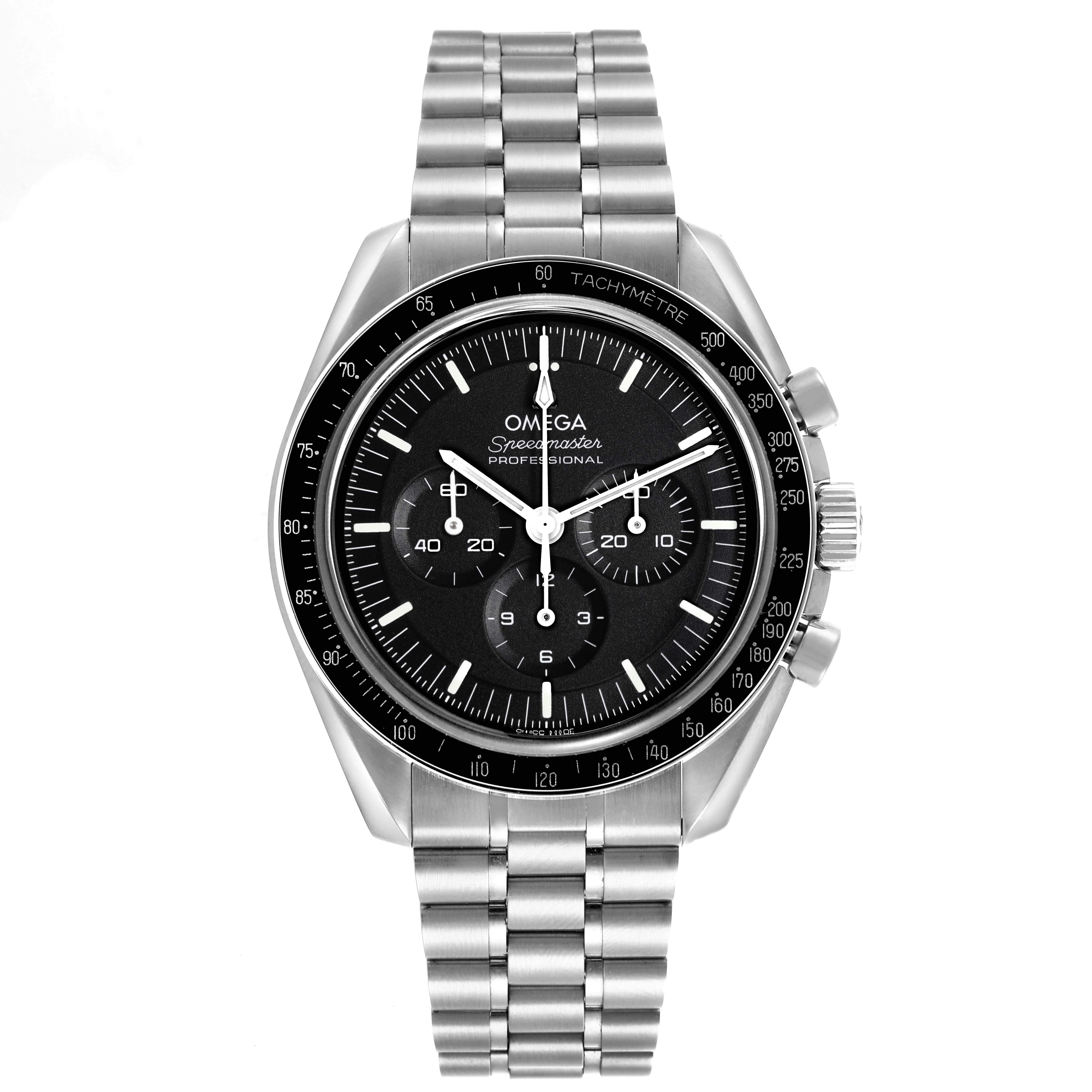The Omega Speedmaster 310.30.42.50.01.002 Men
s Stainless Steel Black Dial 310.30.42.50.01.002 Men
s Stainless Steel Black Dial watch is shown from a top-down angle, displaying the face and stainless steel bracelet.