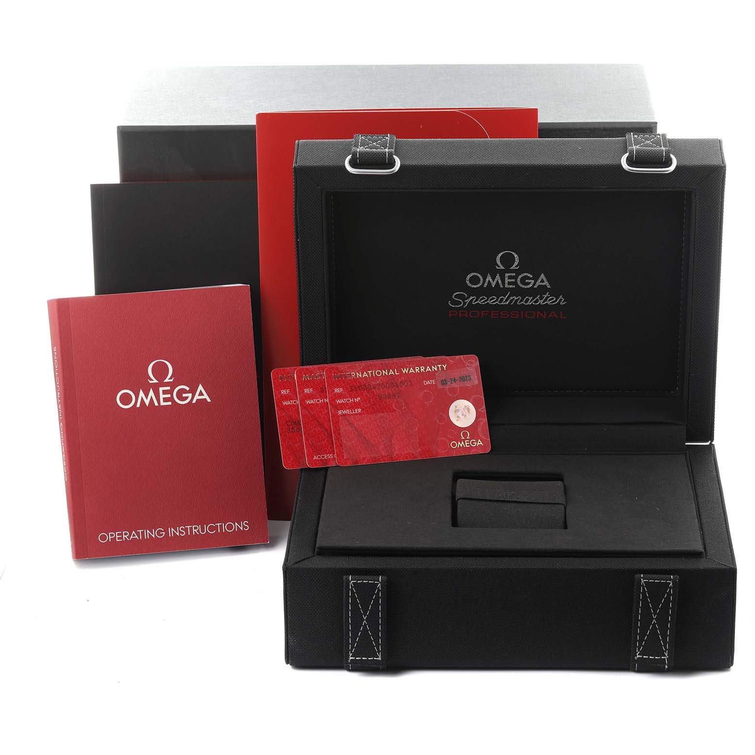 The Omega Speedmaster 310.30.42.50.01.002 Men
s Stainless Steel Black Dial 310.30.42.50.01.002 Men
s Stainless Steel Black Dial accessories include a black box, instruction booklet, and warranty cards.