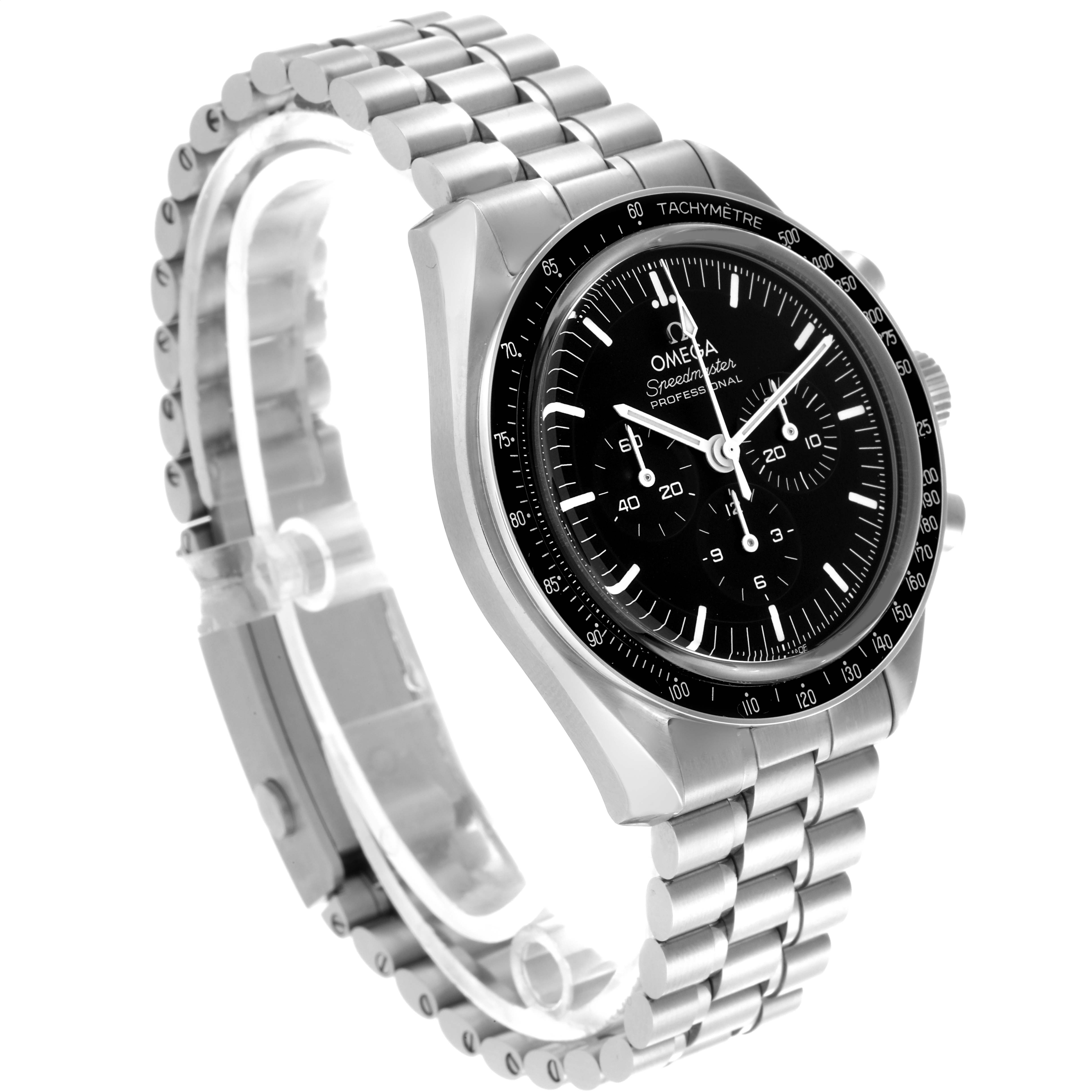 The Omega Speedmaster 310.30.42.50.01.002 Men
s Stainless Steel Black Dial 310.30.42.50.01.002 Men
s Stainless Steel Black Dial watch is shown at a three-quarter angle, highlighting the face, case, and bracelet.