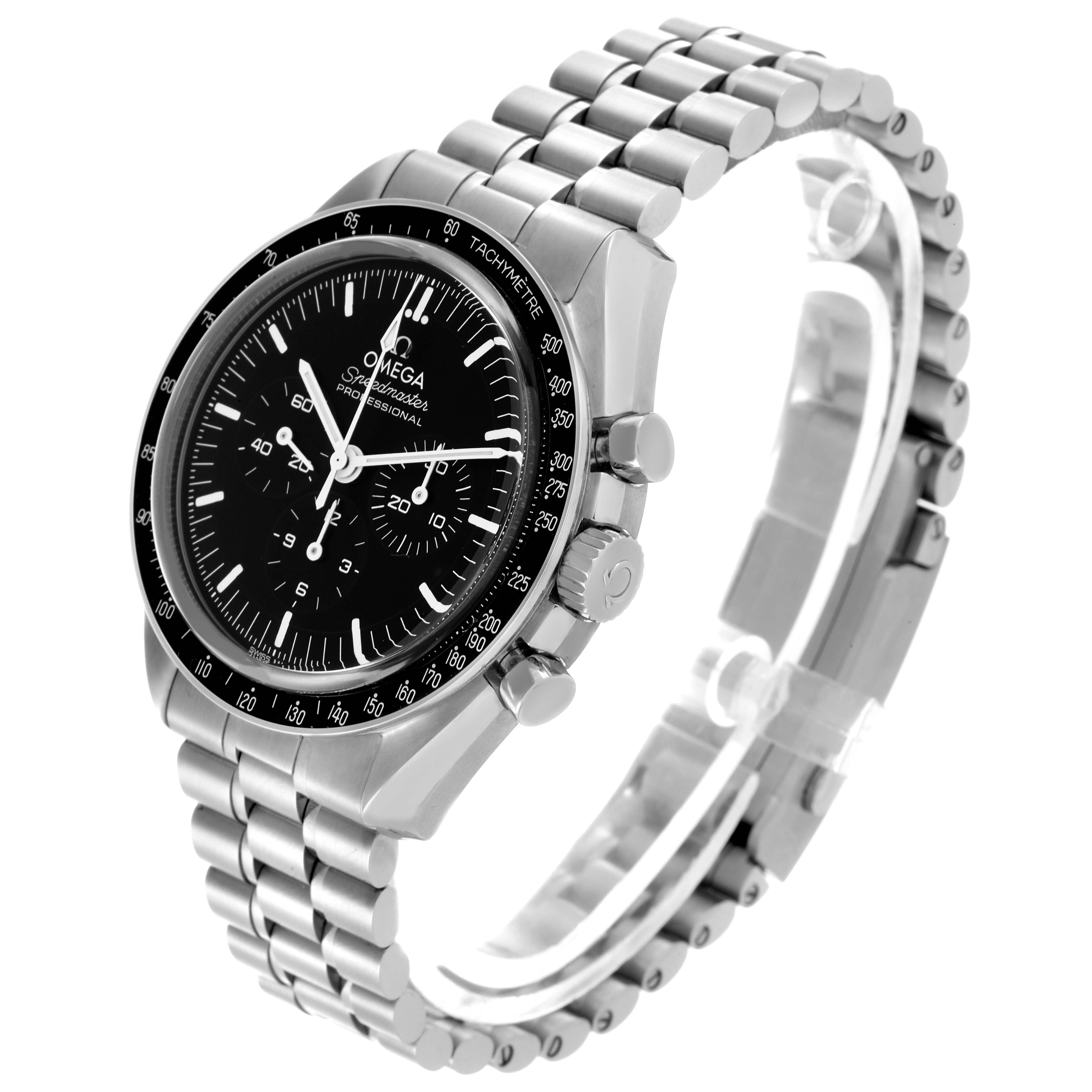 The Omega Speedmaster 310.30.42.50.01.002 Men
s Stainless Steel Black Dial 310.30.42.50.01.002 Men
s Stainless Steel Black Dial watch is shown at a three-quarter angle, highlighting its dial, bezel, and metal bracelet.