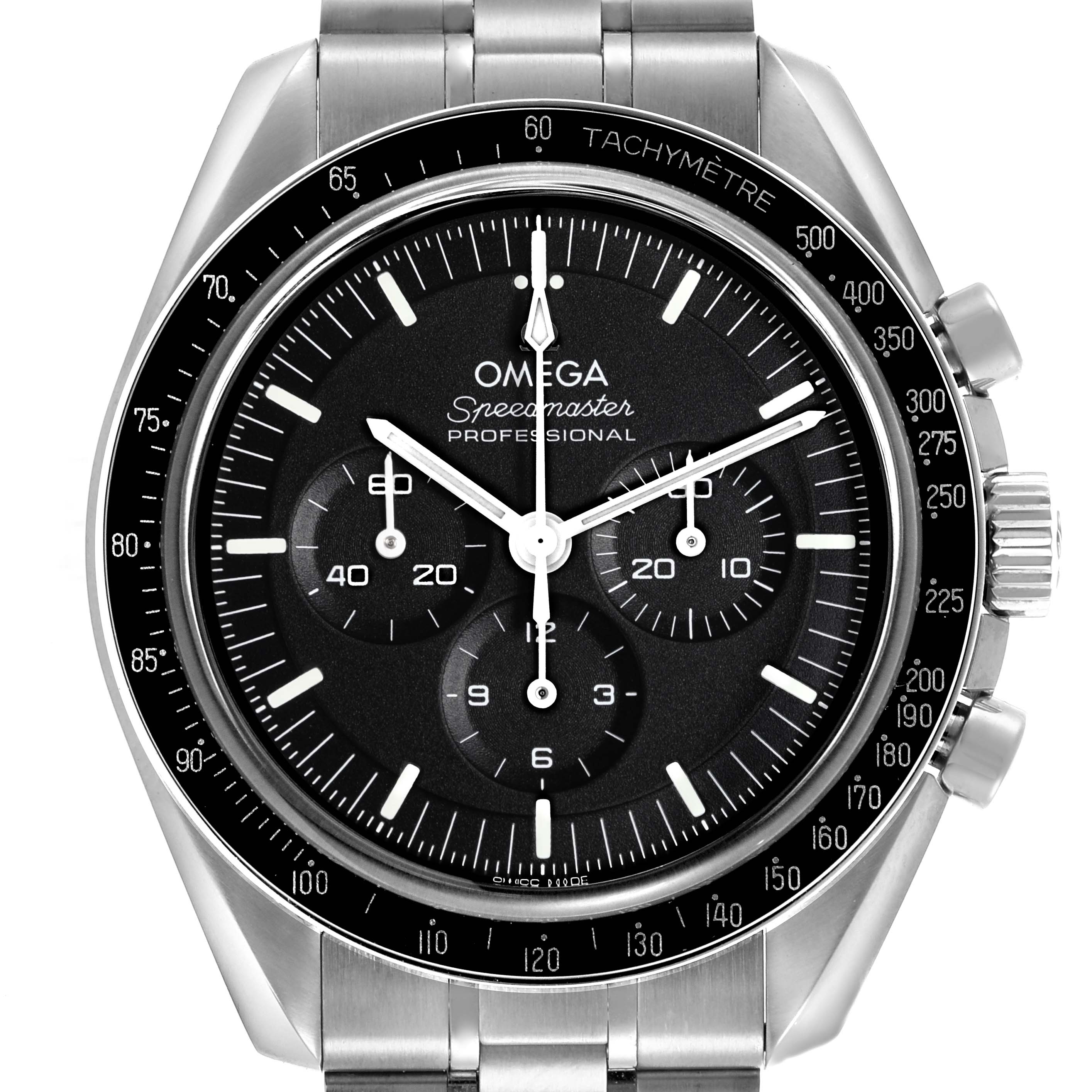 The Omega Speedmaster 310.30.42.50.01.002 Men
s Stainless Steel Black Dial 310.30.42.50.01.002 Men
s Stainless Steel Black Dial watch is shown from the front, displaying the bezel, face, and tachymetric scale.