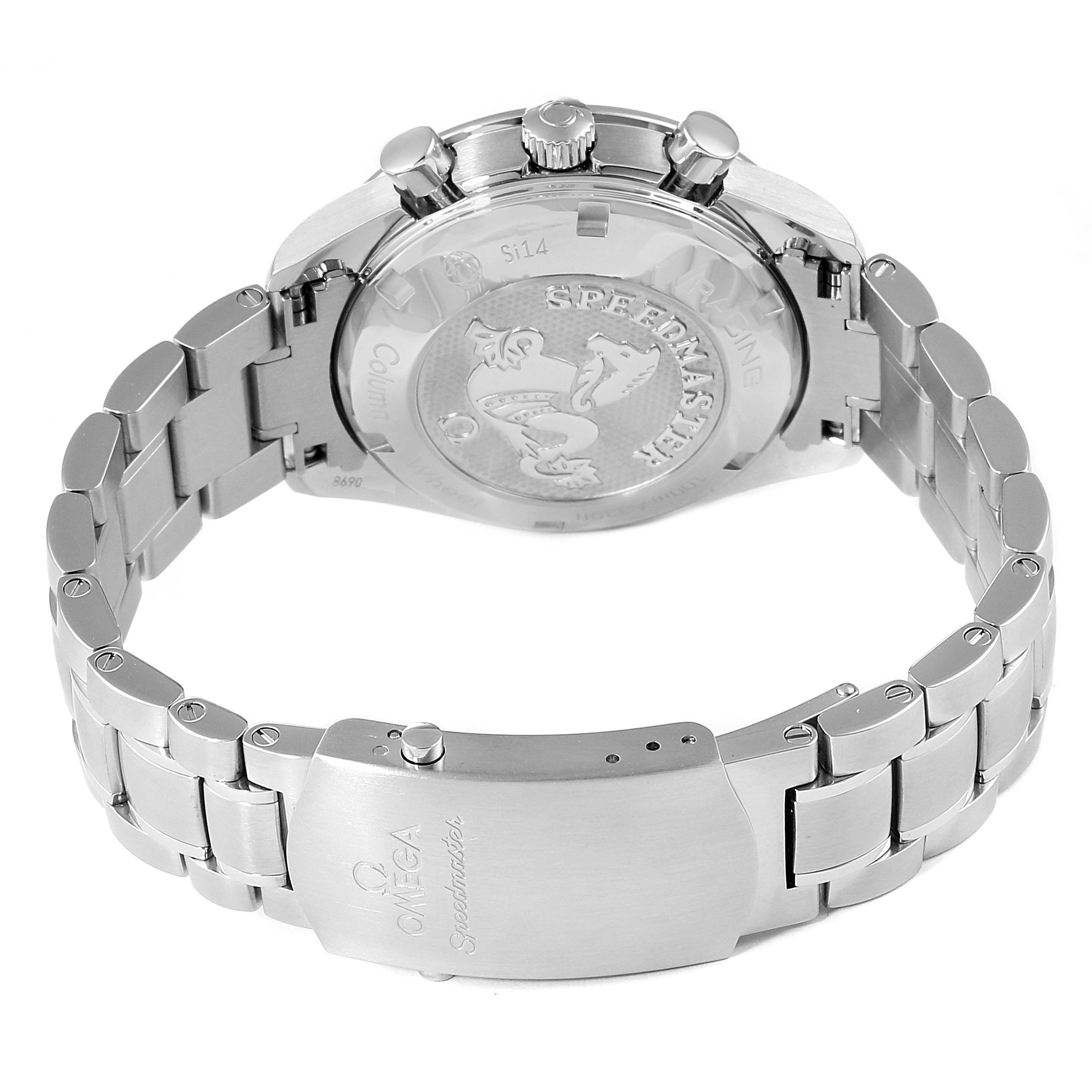 The image shows the back and bracelet of the Omega Speedmaster 326.30.40.50.06.001 Men's Stainless Steel Grey Dial 326.30.40.50.06.001 Men's Stainless Steel Grey Dial watch, highlighting the clasp and engraved case back.