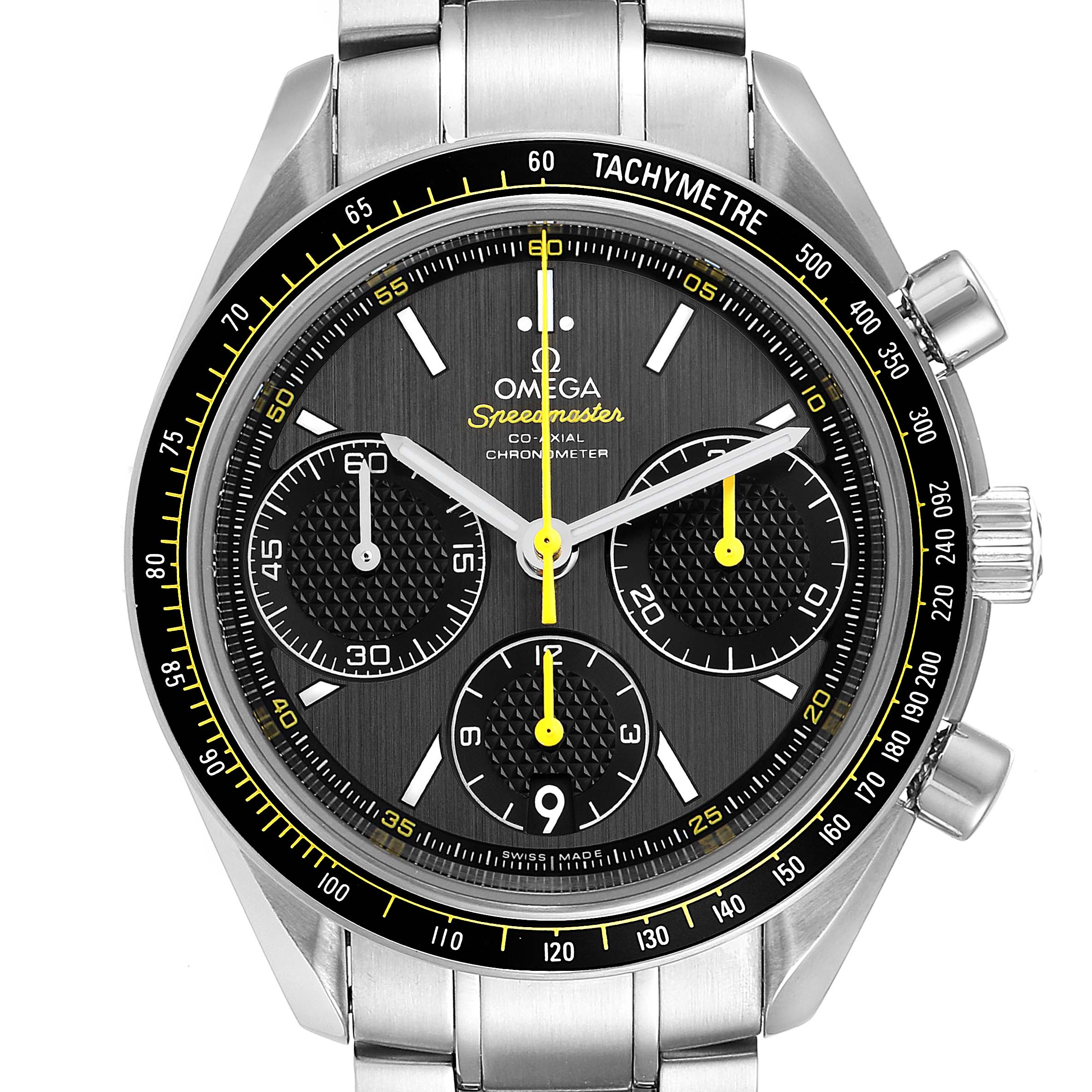 The Omega Speedmaster 326.30.40.50.06.001 Men's Stainless Steel Grey Dial 326.30.40.50.06.001 Men's Stainless Steel Grey Dial watch is shown from the front, displaying its black dial, subdials, tachymeter bezel, and silver bracelet.