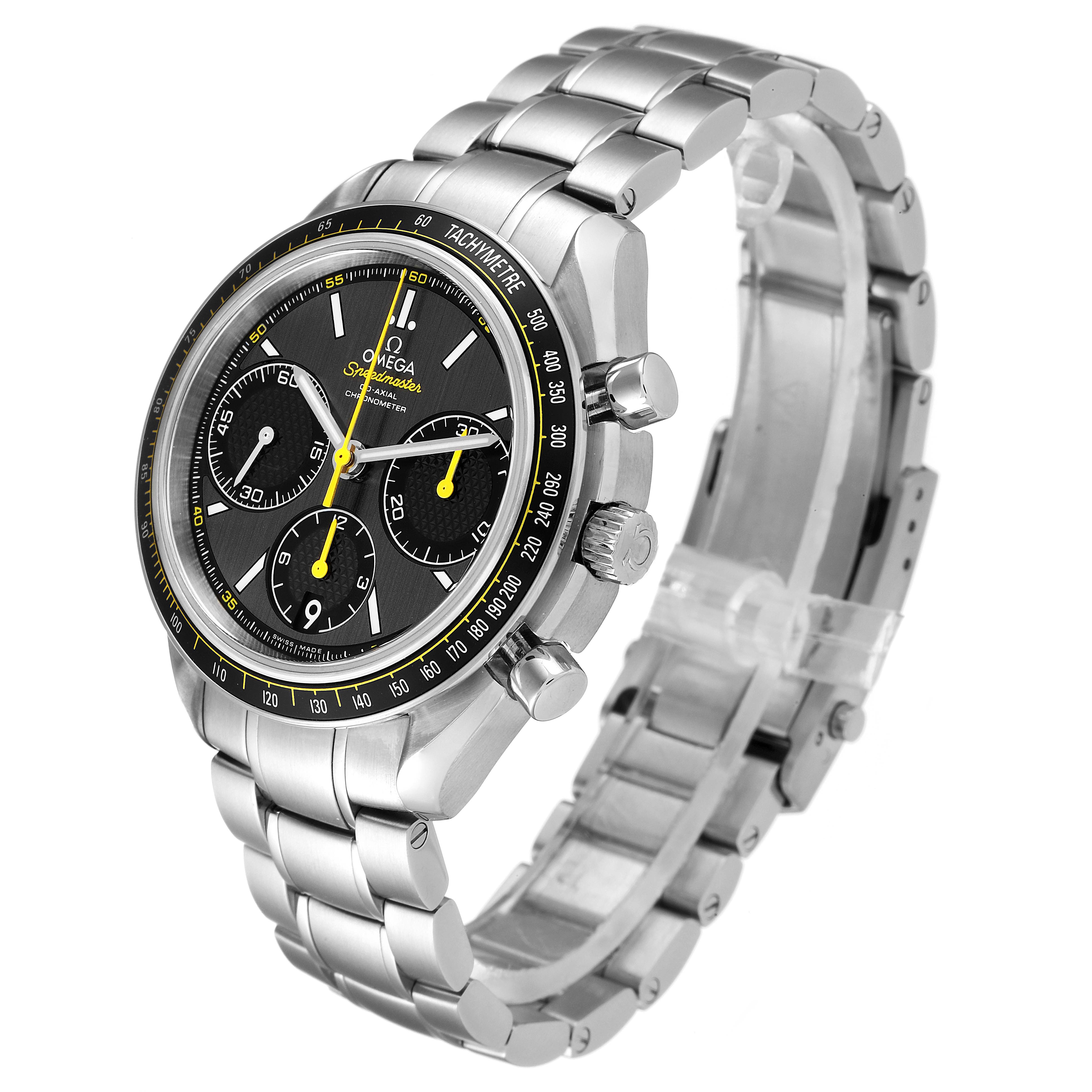 The image shows a side angled view of an Omega Speedmaster 326.30.40.50.06.001 Men's Stainless Steel Grey Dial 326.30.40.50.06.001 Men's Stainless Steel Grey Dial watch highlighting its face, bezel, chronograph buttons, and stainless steel bracelet.