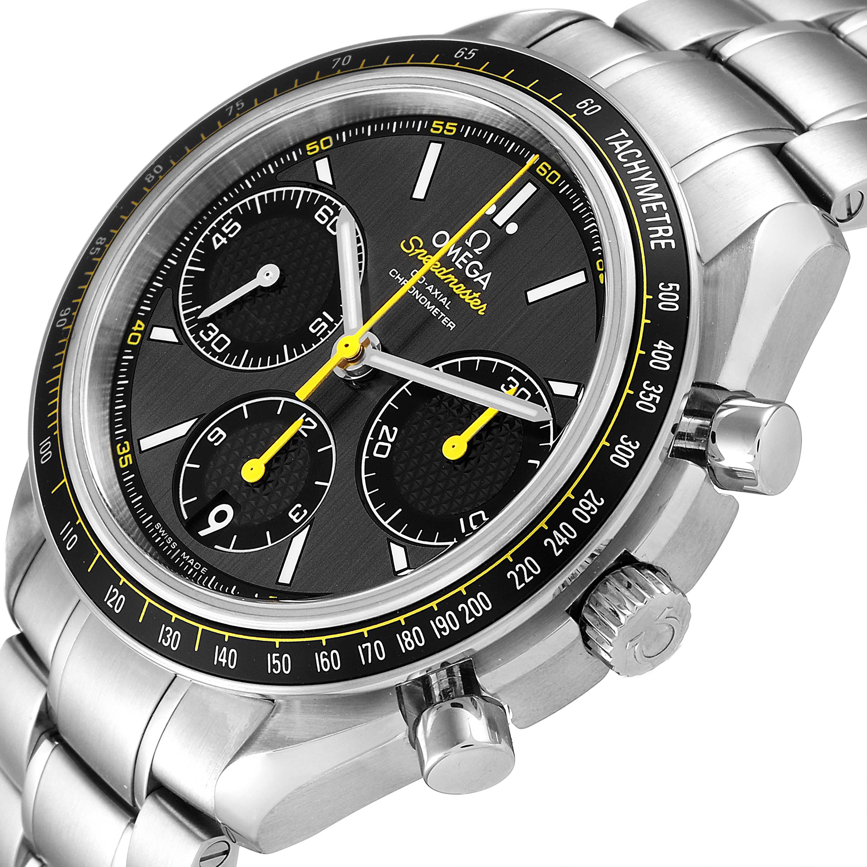 This image shows an Omega Speedmaster 326.30.40.50.06.001 Men's Stainless Steel Grey Dial 326.30.40.50.06.001 Men's Stainless Steel Grey Dial watch at an angle highlighting the dial, tachymeter bezel, and stainless steel bracelet.