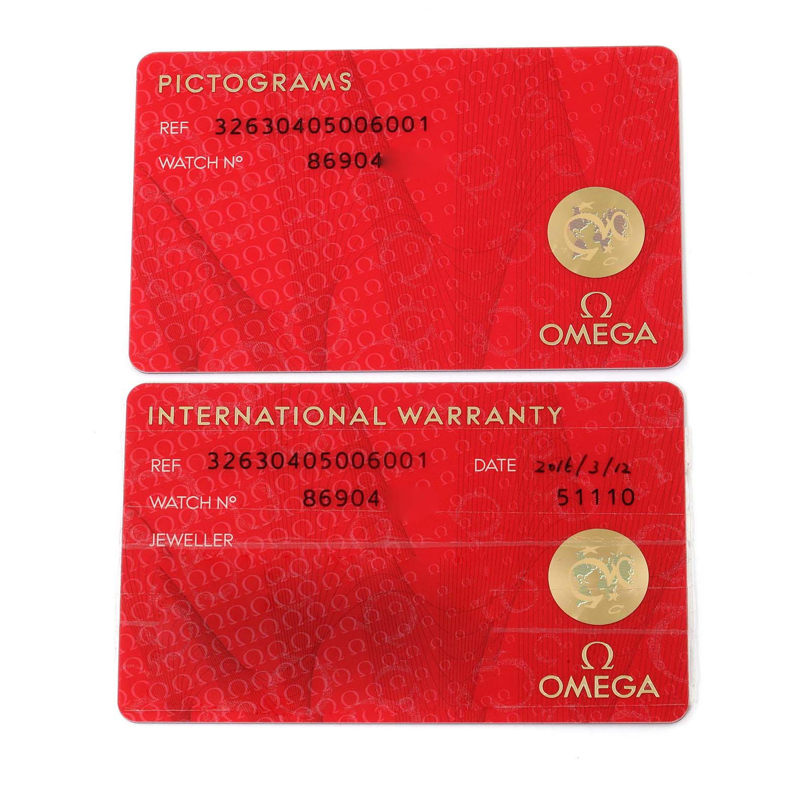 The image shows the Pictograms and International Warranty cards for an Omega Speedmaster 326.30.40.50.06.001 Men's Stainless Steel Grey Dial 326.30.40.50.06.001 Men's Stainless Steel Grey Dial watch.