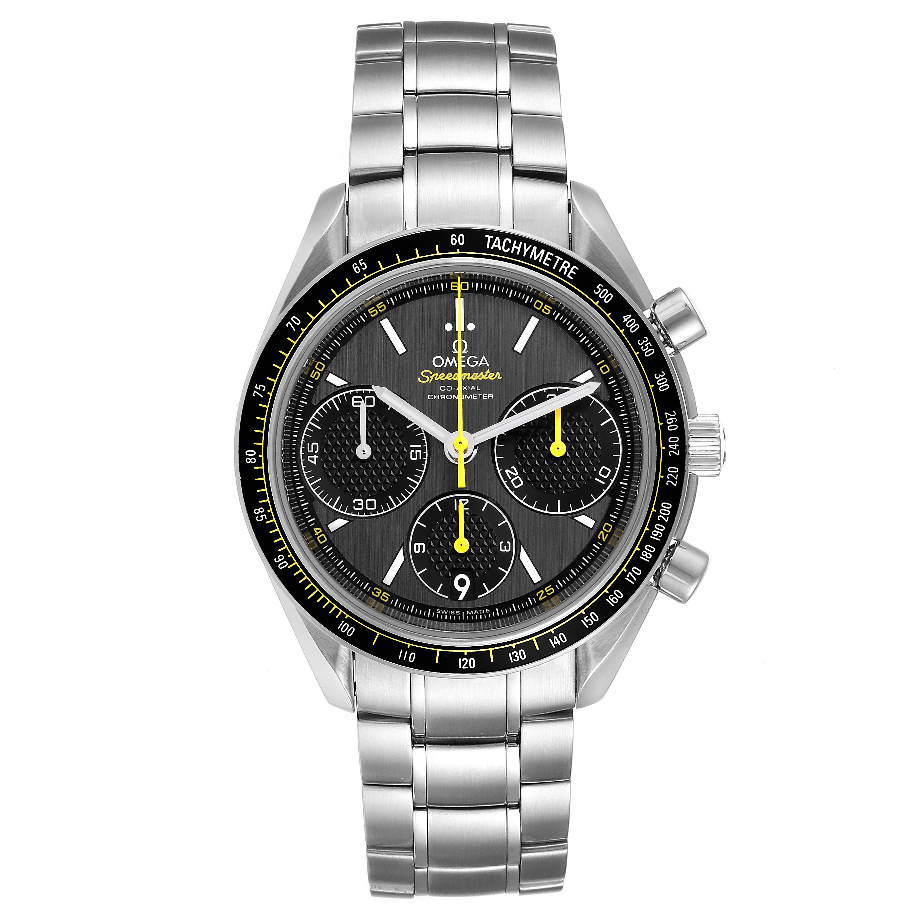 The image shows a front view of the Omega Speedmaster 326.30.40.50.06.001 Men's Stainless Steel Grey Dial 326.30.40.50.06.001 Men's Stainless Steel Grey Dial watch, highlighting its dial, tachymeter bezel, and stainless steel bracelet.