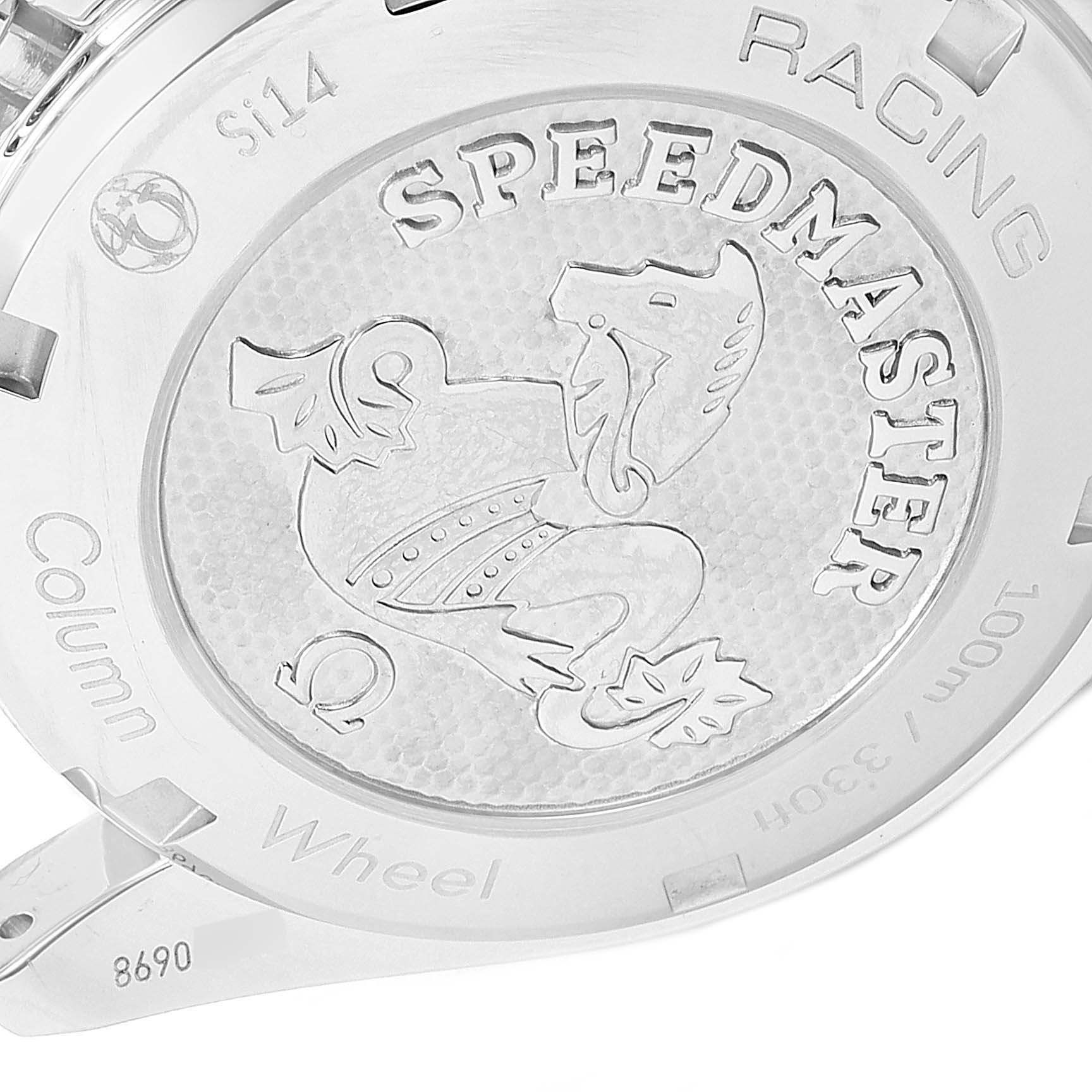 The image shows the case back of an Omega Speedmaster 326.30.40.50.06.001 Men's Stainless Steel Grey Dial 326.30.40.50.06.001 Men's Stainless Steel Grey Dial watch, displaying the engraved logo and model name.