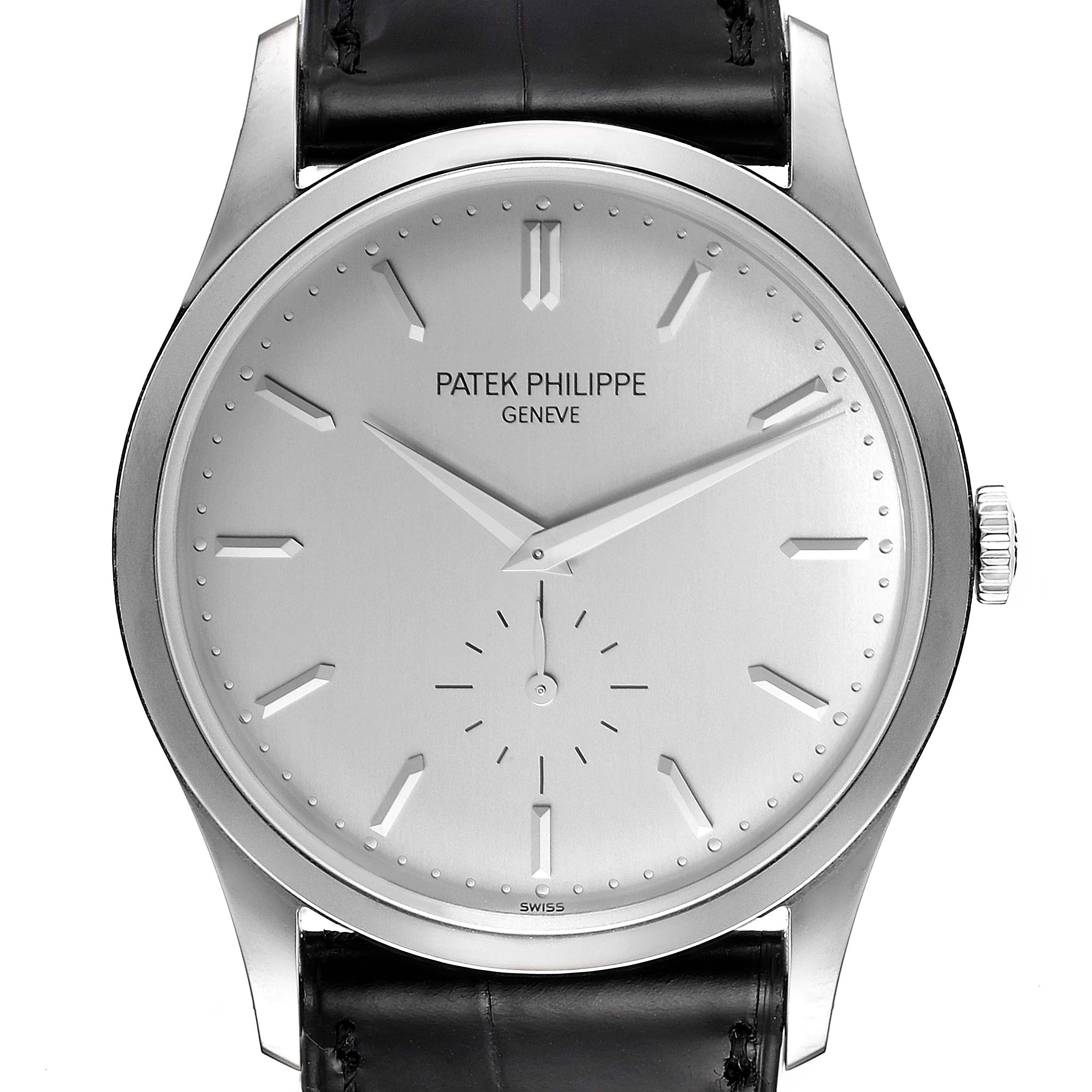 The Patek Philippe Calatrava 5196G Men's White Gold Silver Dial 5196G Men's White Gold Silver Dial watch is shown from a front angle, displaying its dial, hands, and a portion of the leather strap.
