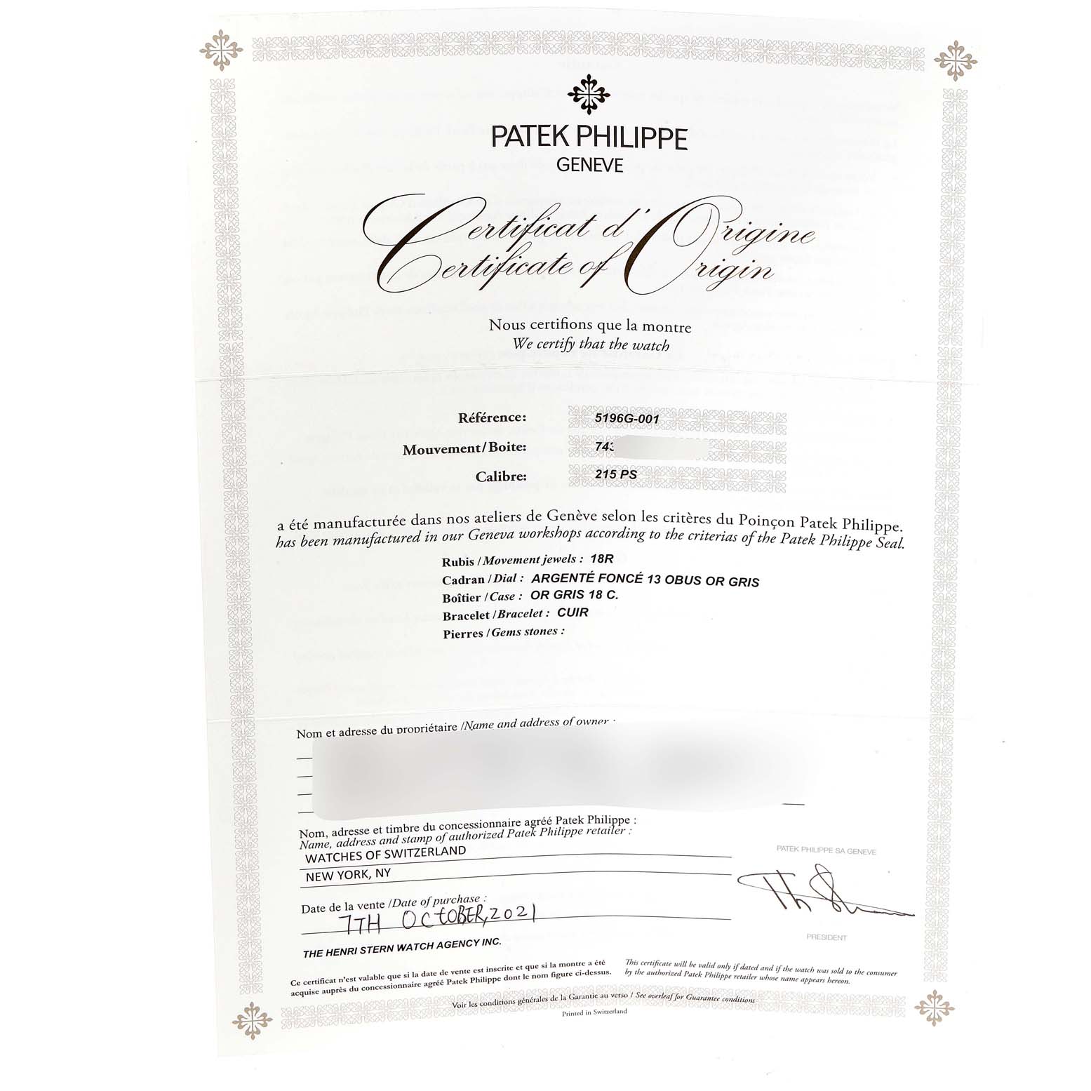 This image shows a Certificate of Origin for a Patek Philippe Calatrava 5196G Men's White Gold Silver Dial 5196G Men's White Gold Silver Dial model.