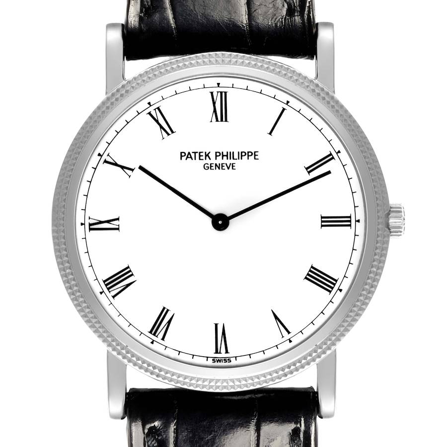 The image shows a front view of the Patek Philippe Calatrava watch, displaying the dial, Roman numerals, and black leather strap.