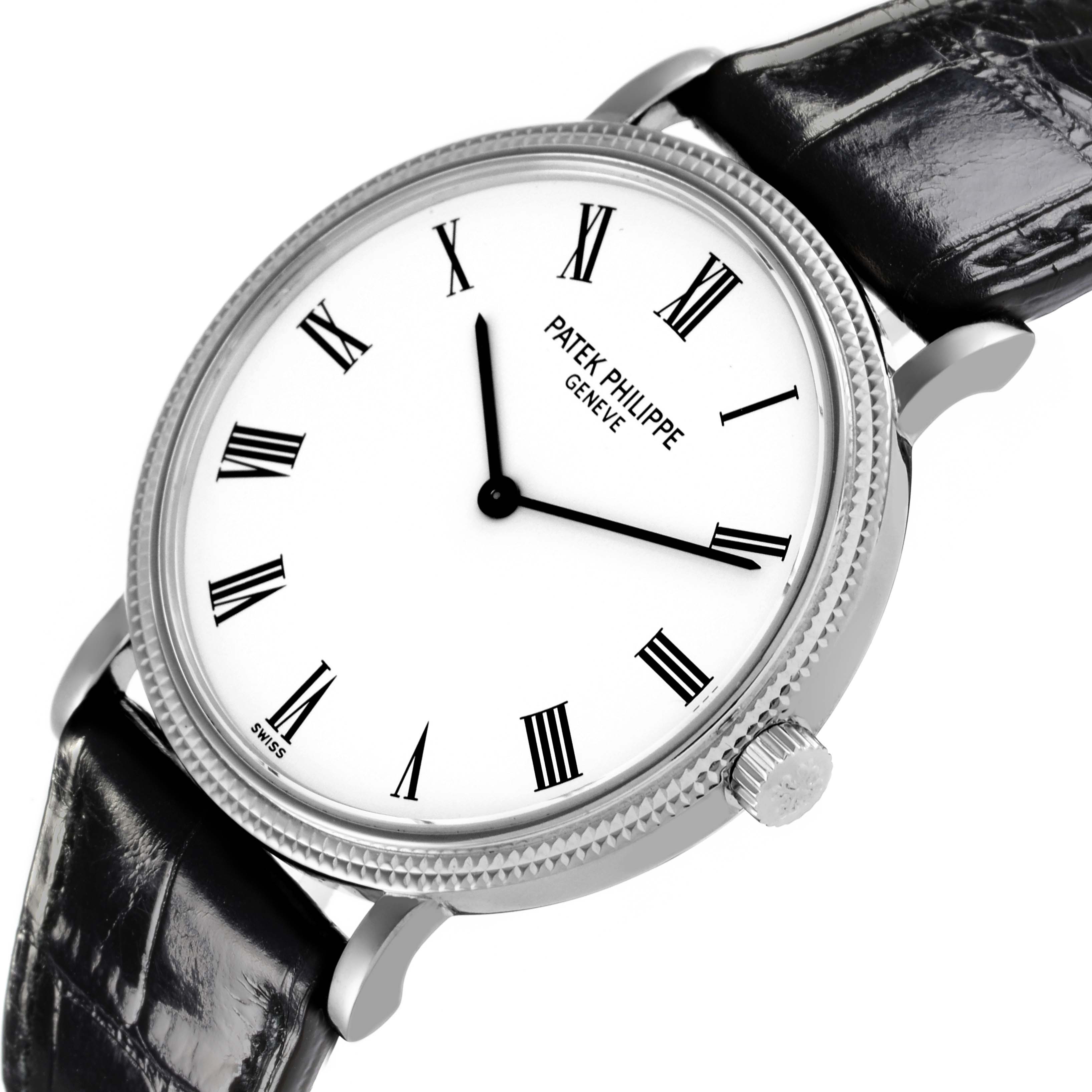 The Patek Philippe Calatrava 5120G-001 Men's White Gold White Dial 5120G-001 Men's White Gold White Dial watch is shown at an angled view highlighting the dial, crown, and part of the strap.