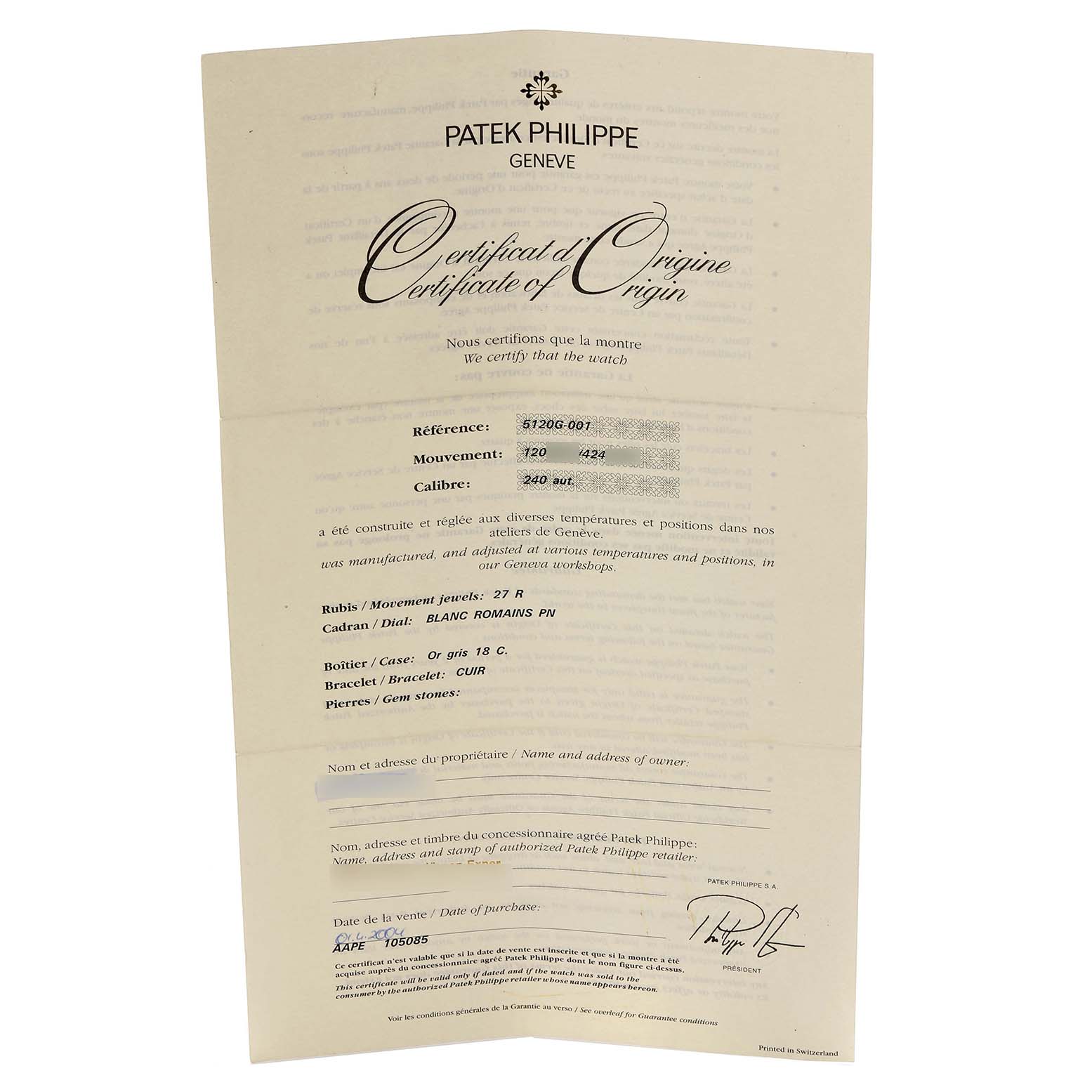 The image shows the Certificate of Origin for the Patek Philippe Calatrava 5120G-001 Men's White Gold White Dial 5120G-001 Men's White Gold White Dial watch, not the watch itself.