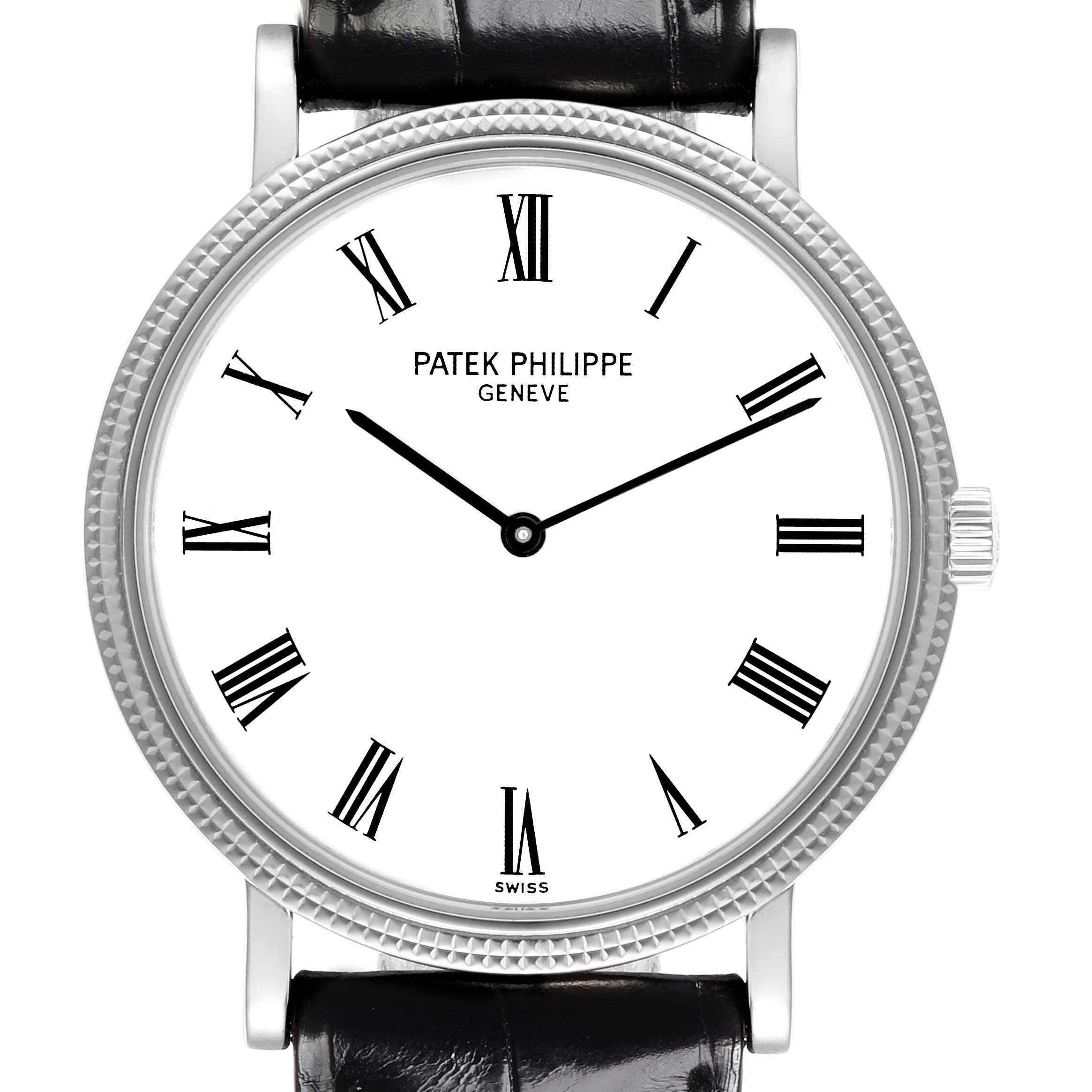 The Patek Philippe Calatrava 5120G-001 Men's White Gold White Dial 5120G-001 Men's White Gold White Dial watch is shown from a front angle, displaying the dial, bezel, and crown.