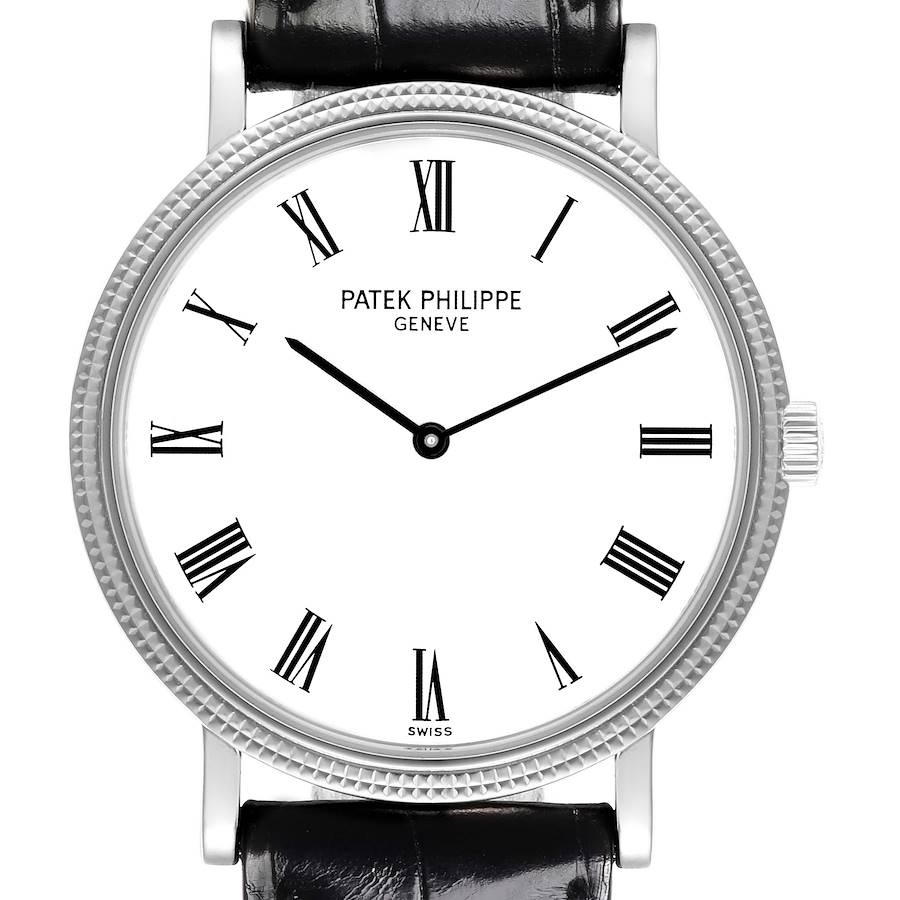 The Patek Philippe Calatrava watch is shown from a front angle, displaying the dial, bezel, and crown.