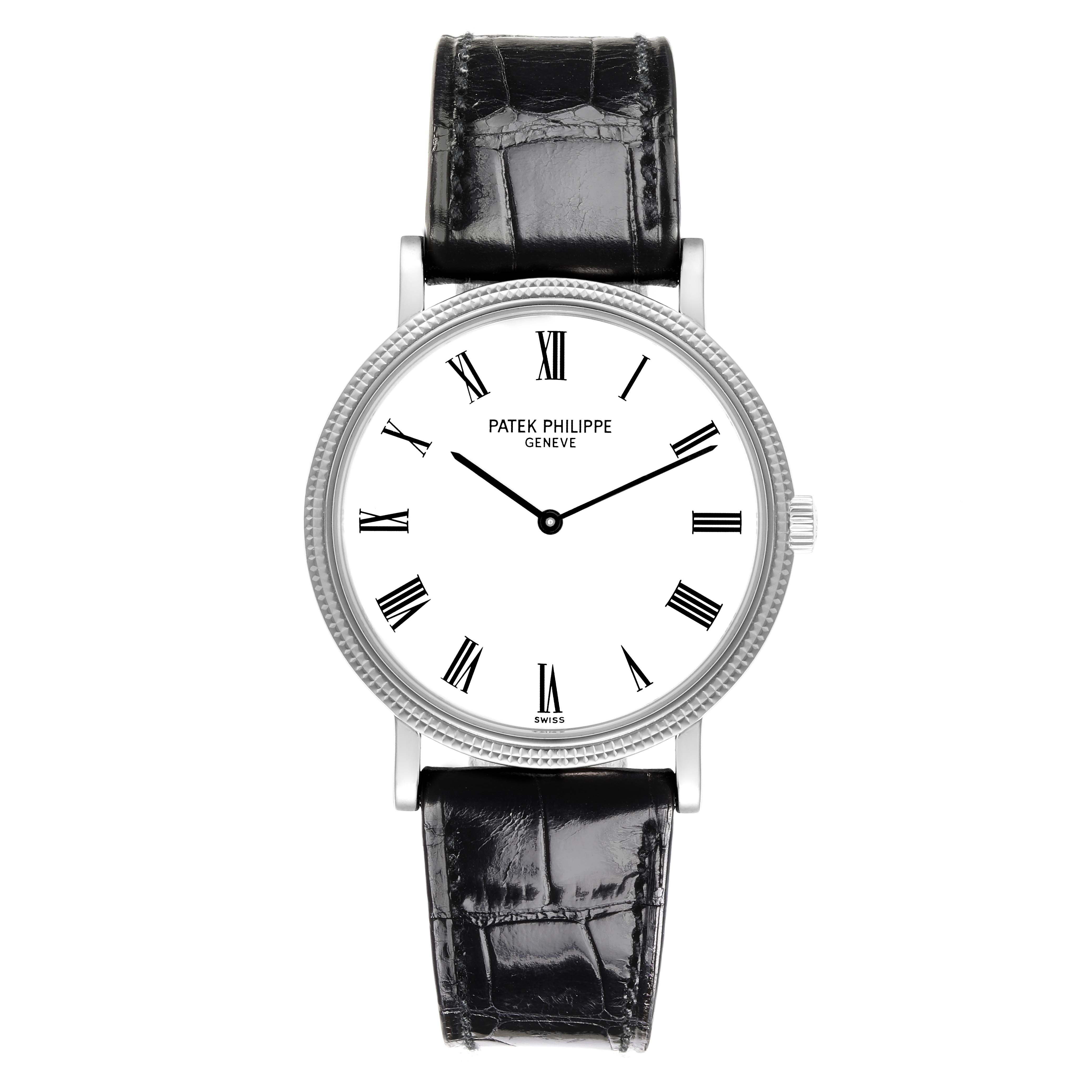 The Patek Philippe Calatrava 5120G-001 Men's White Gold White Dial 5120G-001 Men's White Gold White Dial watch is shown from a straight-on view, displaying its face and black leather strap.