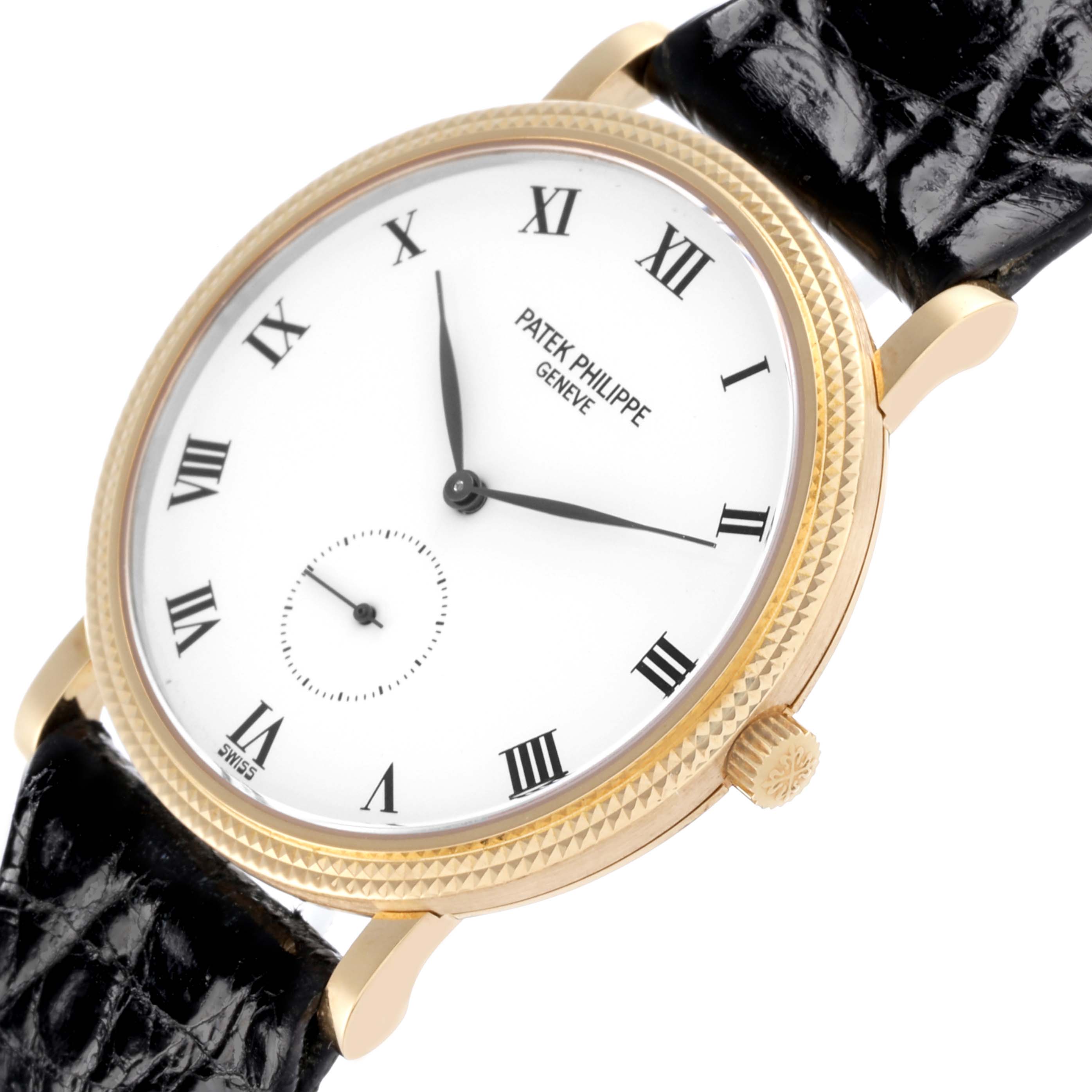 The Patek Philippe Calatrava 3919J Men's Yellow Gold White Dial 3919J Men's Yellow Gold White Dial watch is shown at an angled close-up, highlighting its dial, bezel, crown, and leather strap.