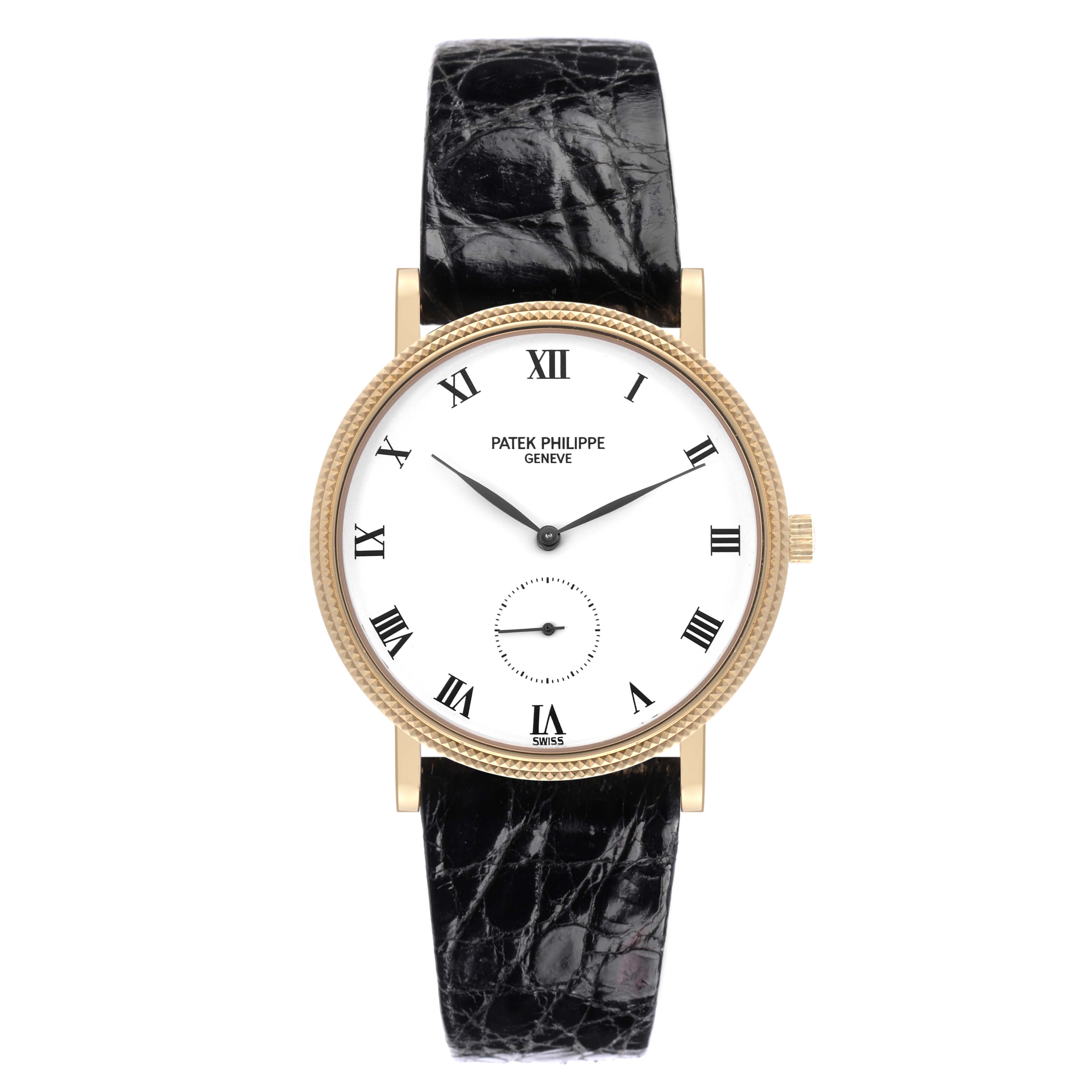 The image shows a front view of the Patek Philippe Calatrava 3919J Men's Yellow Gold White Dial 3919J Men's Yellow Gold White Dial watch, displaying the face, Roman numerals, and black leather strap.