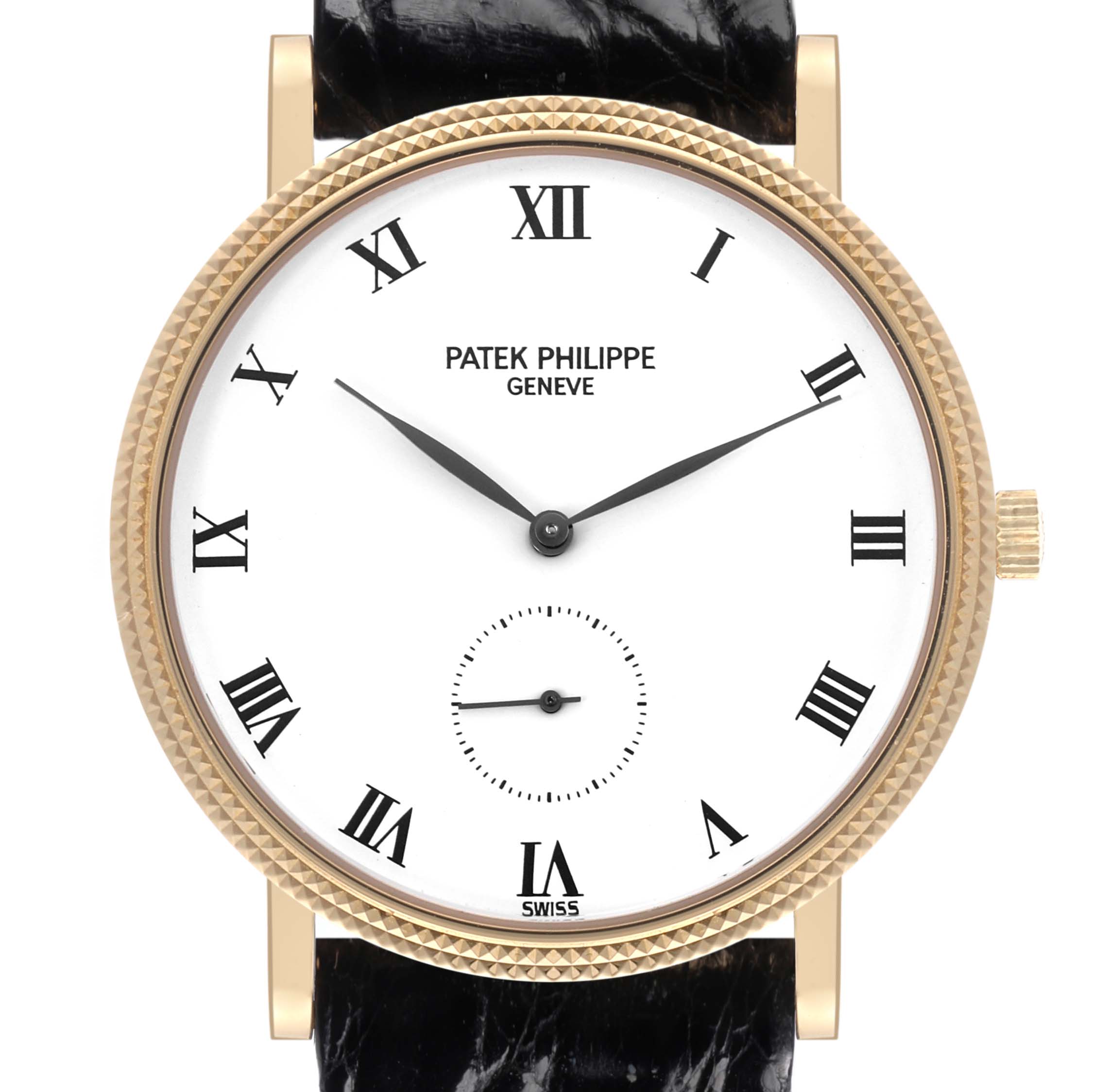 The Patek Philippe Calatrava 3919J Men's Yellow Gold White Dial 3919J Men's Yellow Gold White Dial watch is shown from the front, displaying its dial, hands, Roman numerals, and crown.