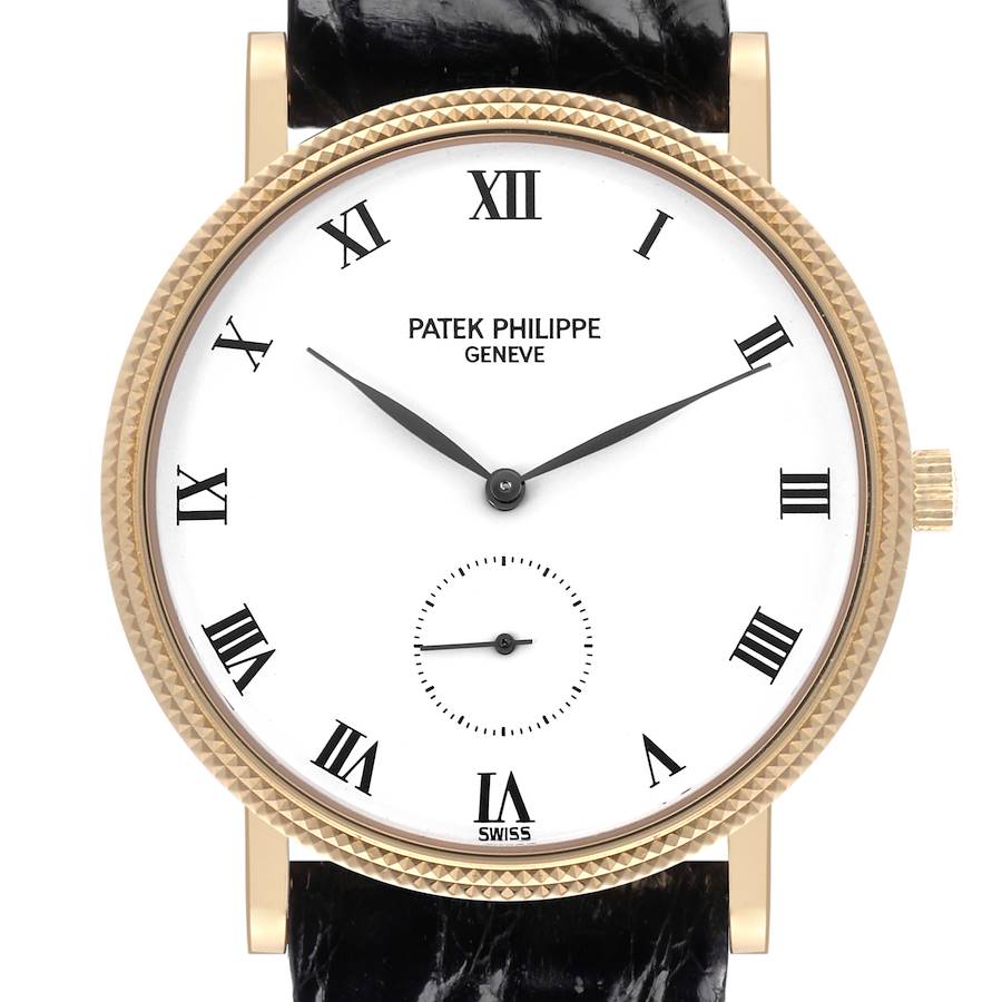 The Patek Philippe Calatrava watch is shown from the front, displaying its dial, hands, Roman numerals, and crown.