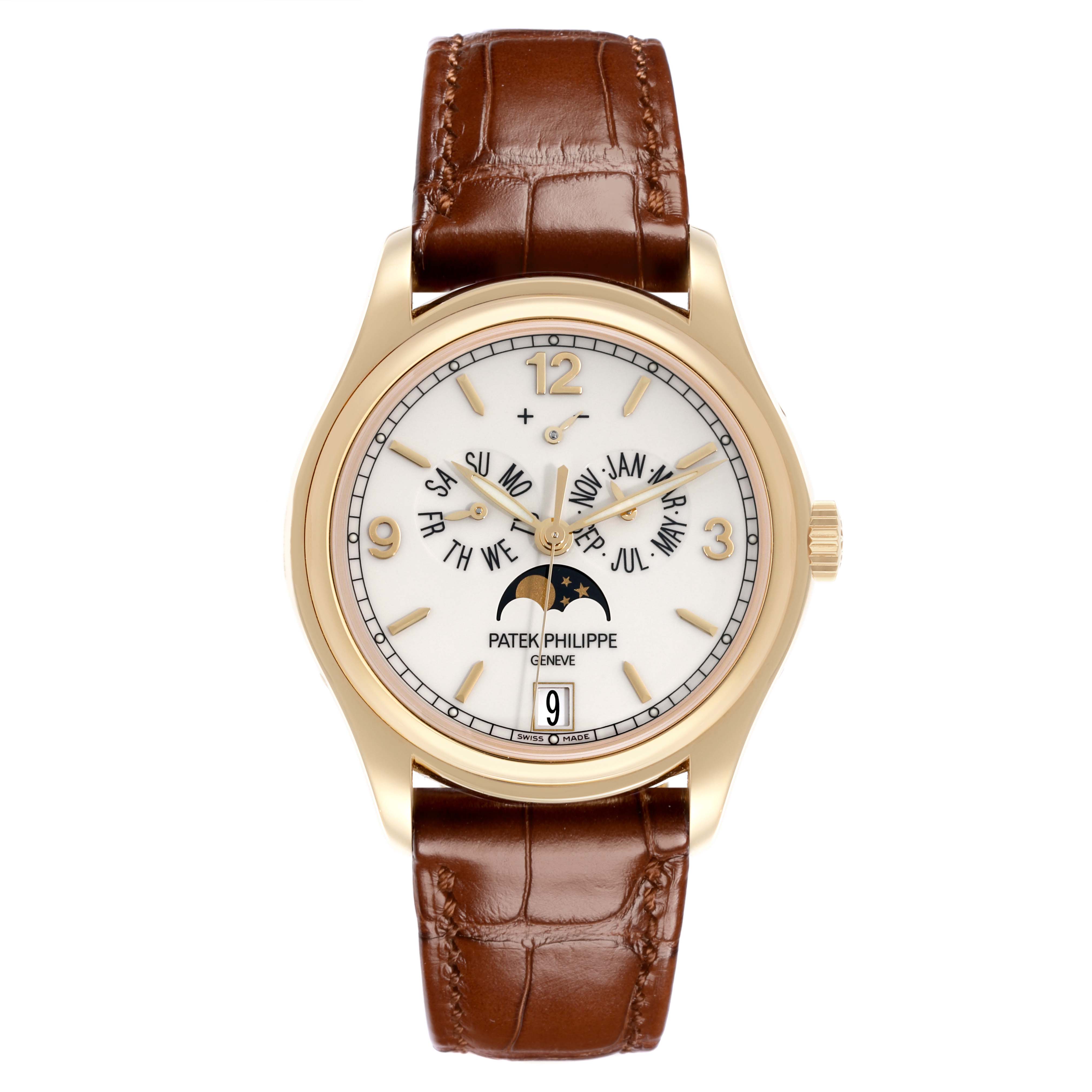 The image shows a front view of the Patek Philippe Complications 5146J-001 Men's Yellow Gold White Dial 5146J-001 Men's Yellow Gold White Dial watch, highlighting the dial, hands, and moon phase.