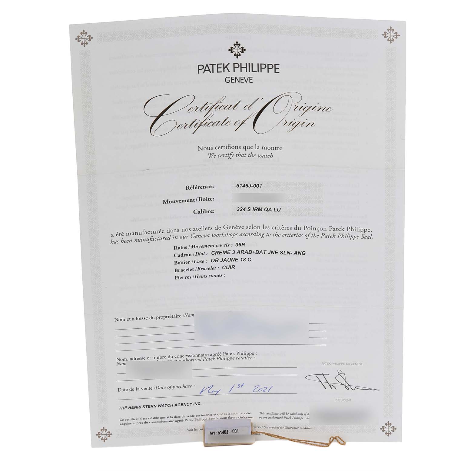 This image shows the Certificate of Origin for a Patek Philippe Complications 5146J-001 Men's Yellow Gold White Dial 5146J-001 Men's Yellow Gold White Dial model with details of the watch's specifications.