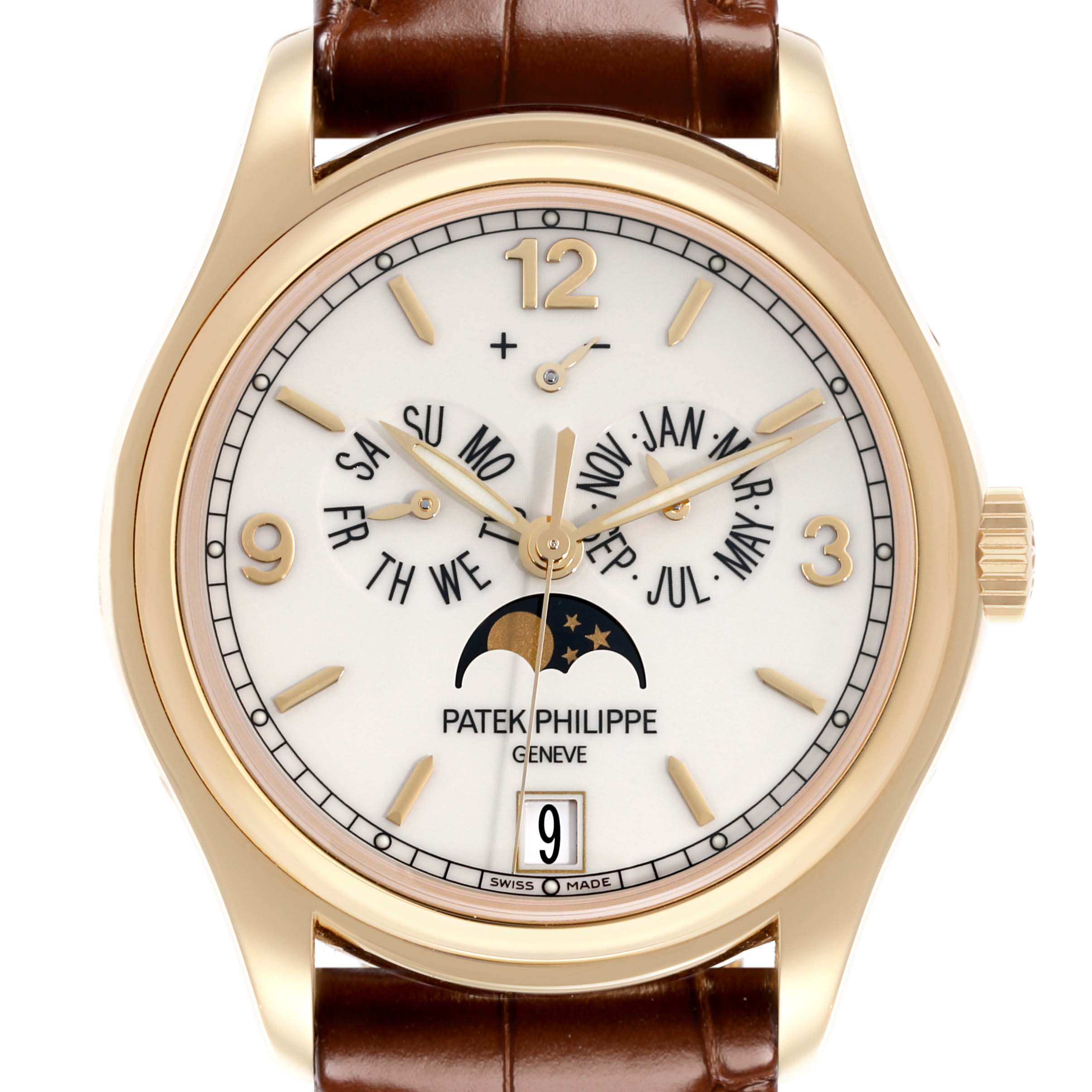 The Patek Philippe Complications 5146J-001 Men's Yellow Gold White Dial 5146J-001 Men's Yellow Gold White Dial watch is shown from a front angle, highlighting the dial with calendar and moon phase features.