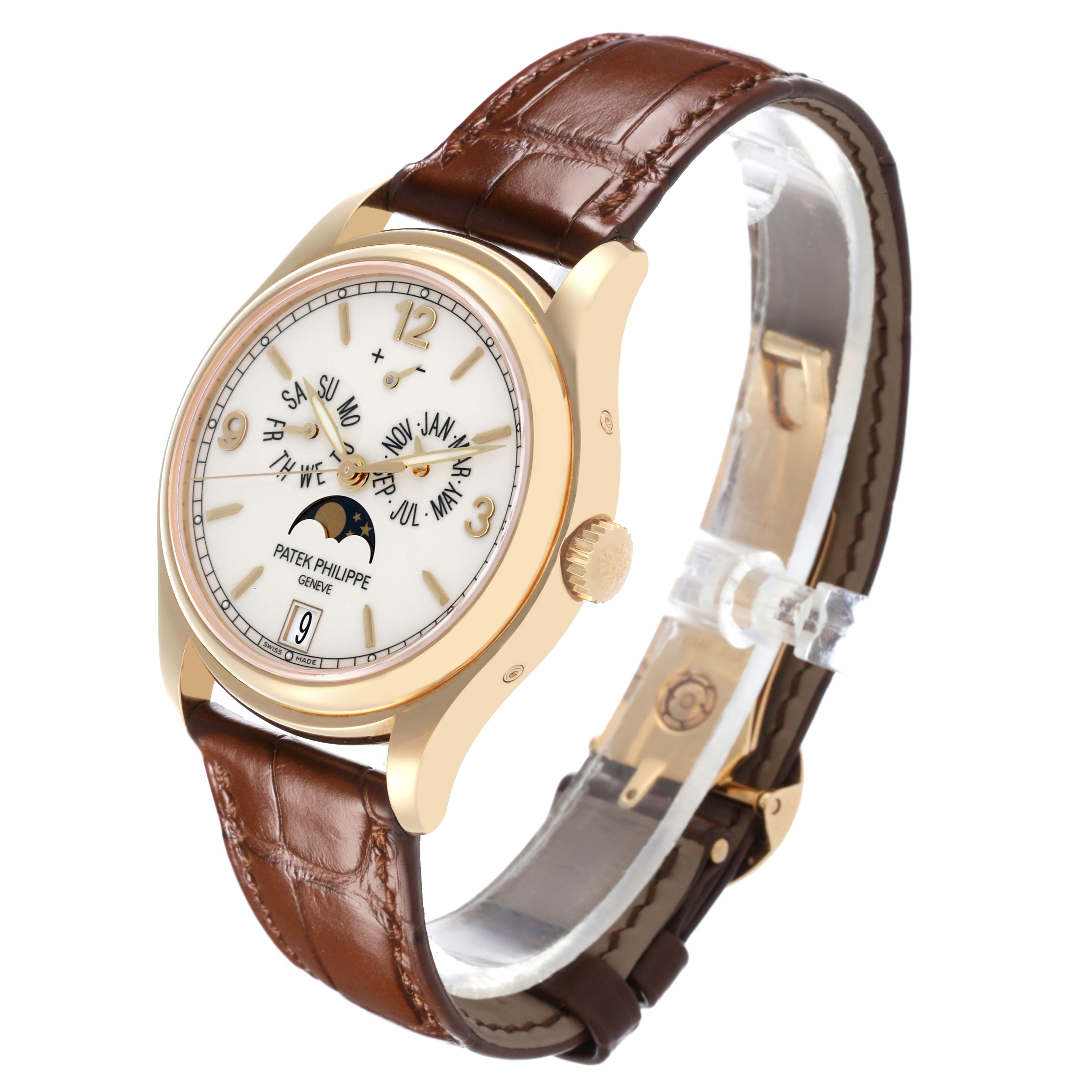 The Patek Philippe Complications 5146J-001 Men's Yellow Gold White Dial 5146J-001 Men's Yellow Gold White Dial model is shown at a three-quarter angle, displaying the dial, crown, and brown leather strap.
