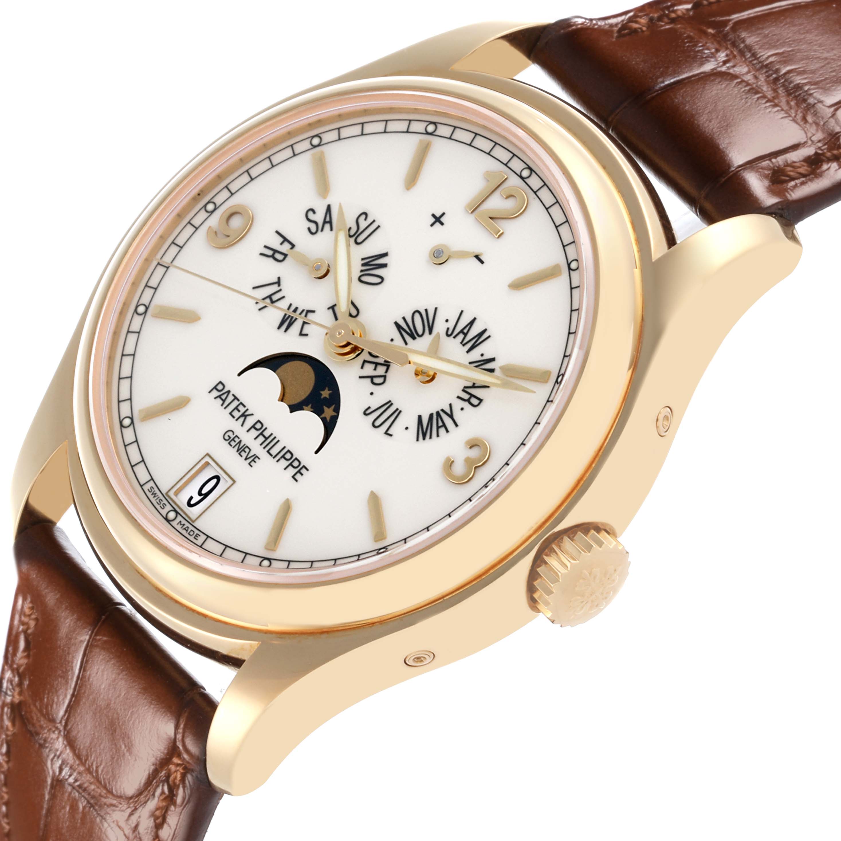 The Patek Philippe Complications 5146J-001 Men's Yellow Gold White Dial 5146J-001 Men's Yellow Gold White Dial watch is shown at an angled view, highlighting the face, bezel, and crown with a leather strap.