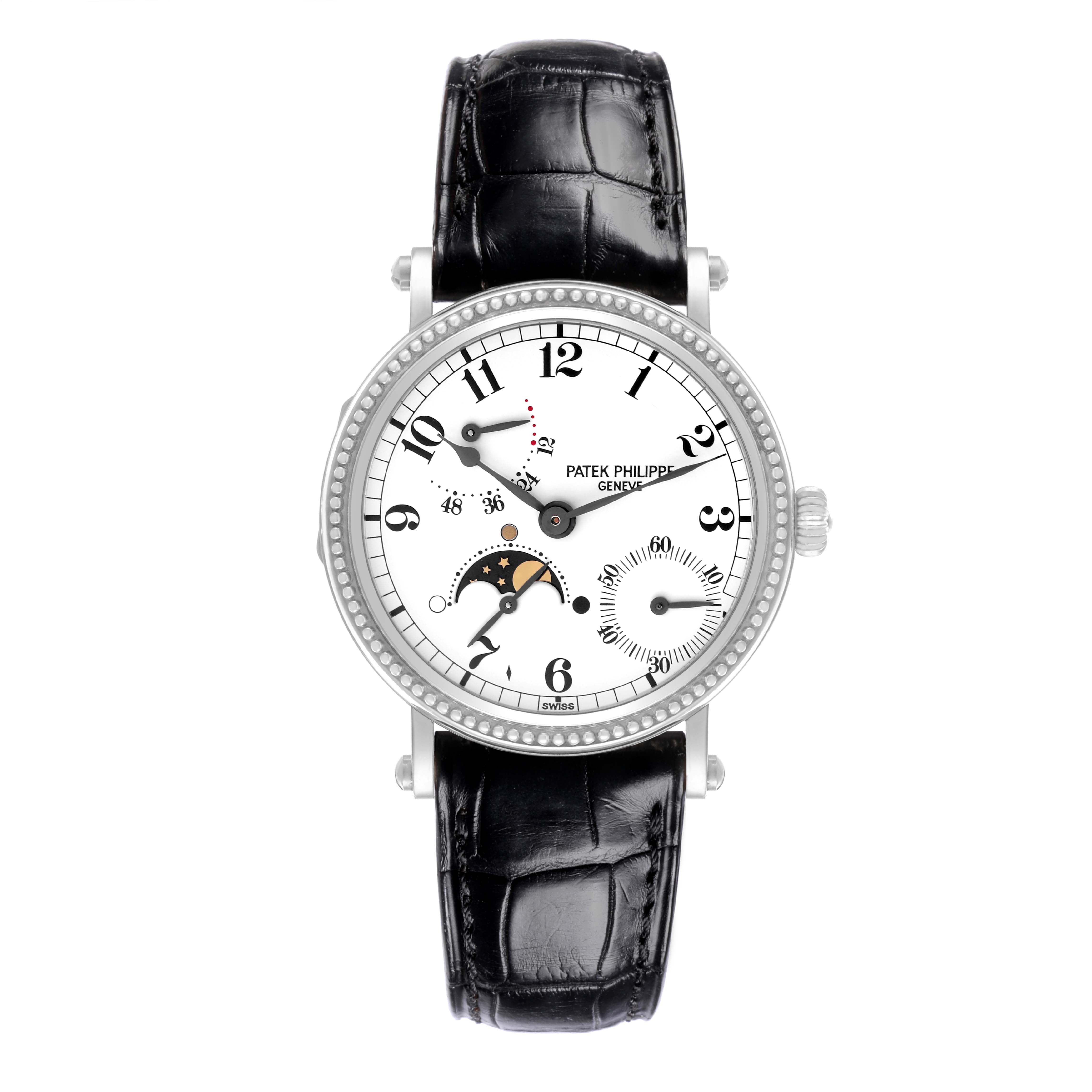 The Patek Philippe Complications 5015G Men's White Gold White Dial watch is shown from the front, displaying its dial, leather strap, and complications.