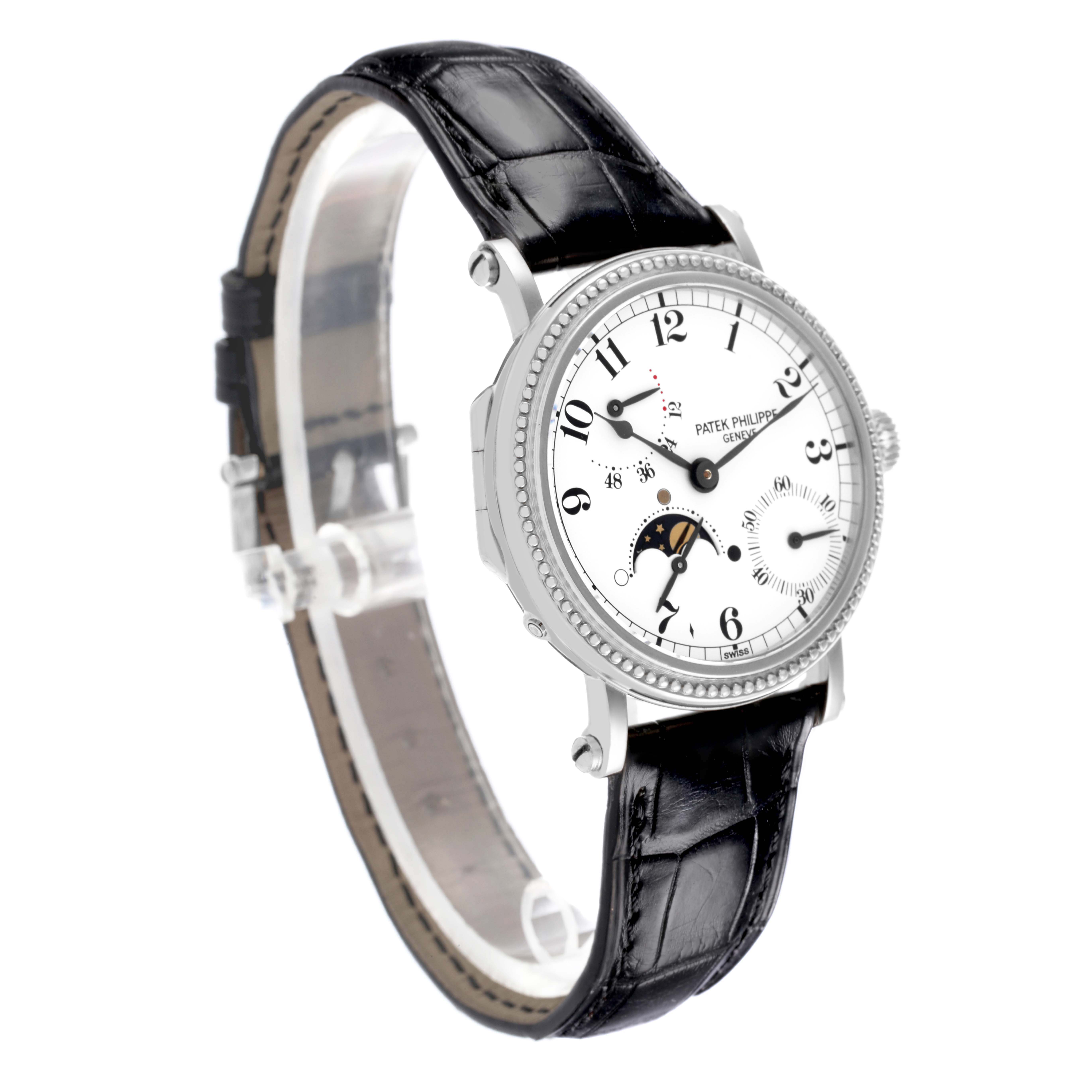 The Patek Philippe Complications 5015G Men's White Gold White Dial watch is shown from a three-quarter front angle, highlighting its face, bezel, and black leather strap.