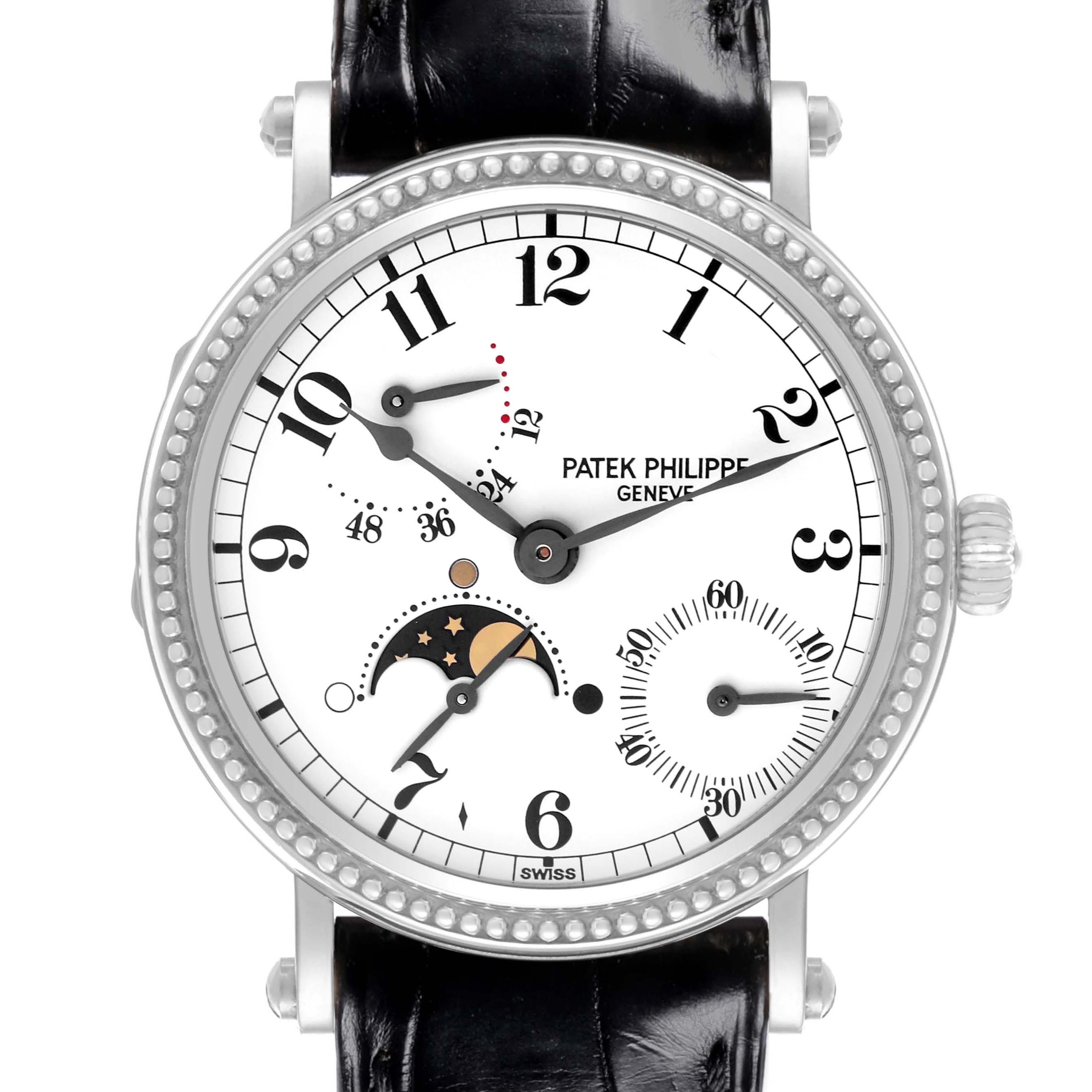 The Patek Philippe Complications 5015G Men's White Gold White Dial watch is shown from the front, displaying the dials, moon phase, and subdials.