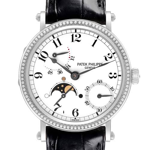 The Patek Philippe Complications 5015G Men's White Gold White Dial watch is shown from a front view, displaying the dial, subdials, and moon phase feature.