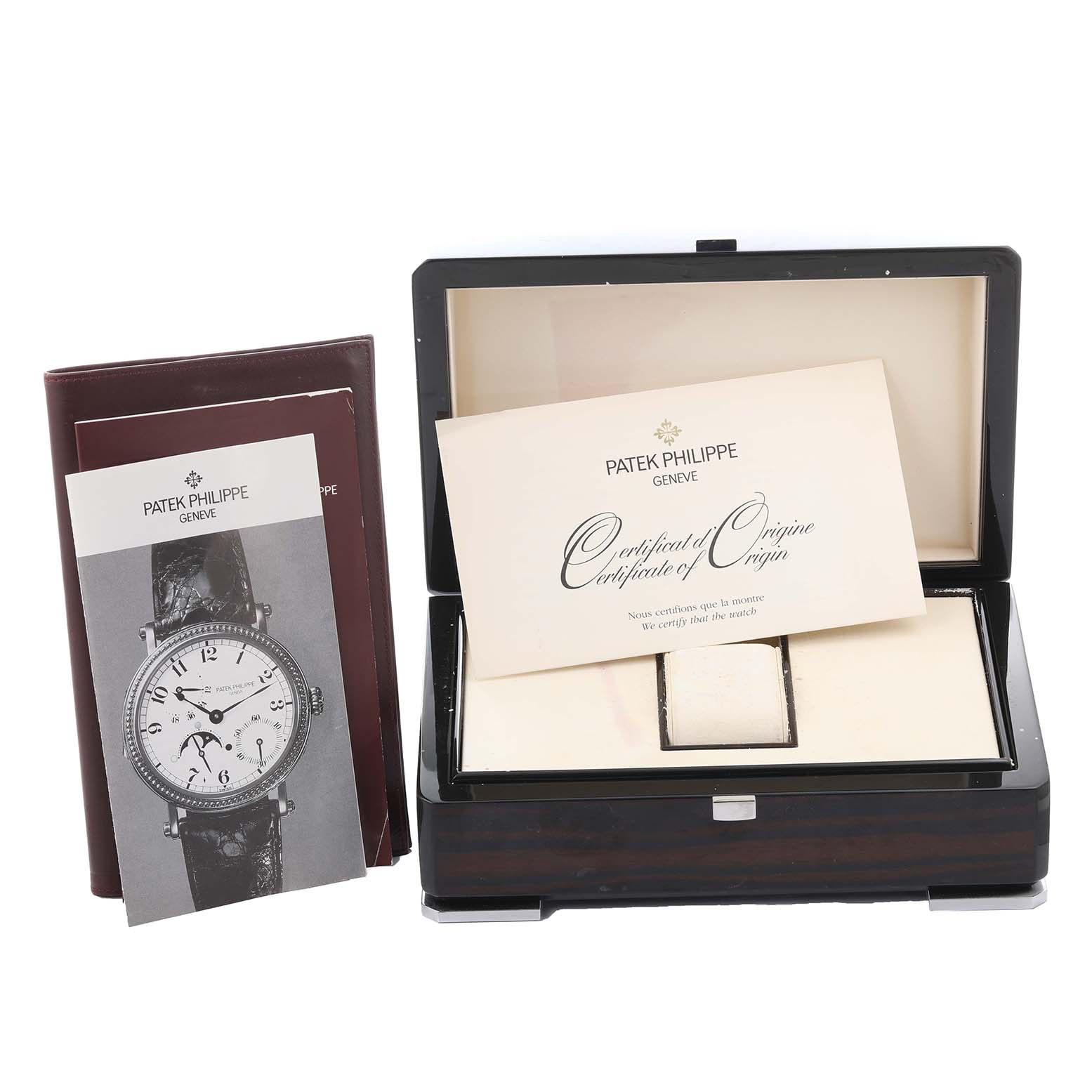 The image shows a Patek Philippe Complications 5015G Men's White Gold White Dial 5015G Men's White Gold White Dial model box, certificate, and booklet from the front angle.