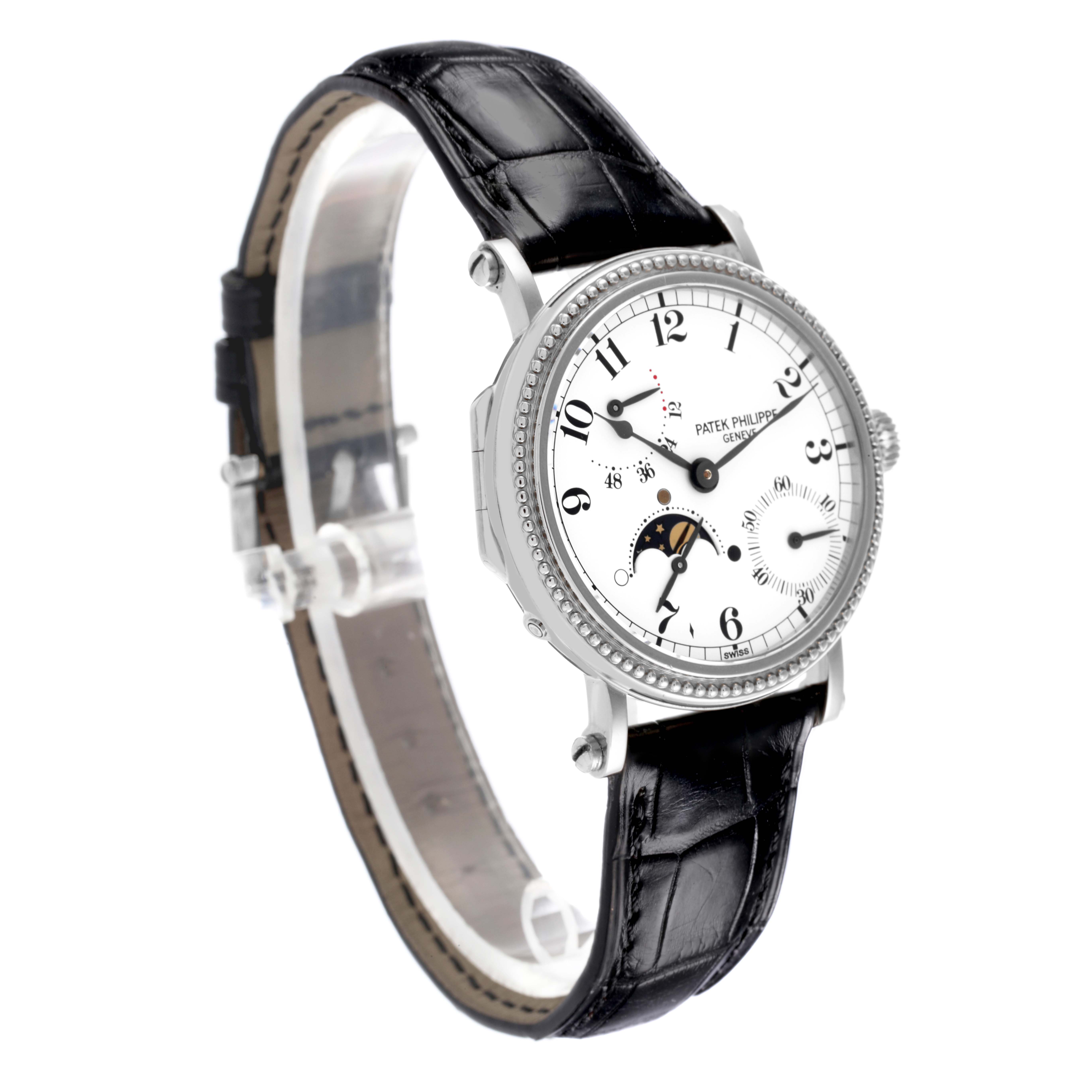 The Patek Philippe Complications 5015G Men's White Gold White Dial 5015G Men's White Gold White Dial watch is shown at a slight angle, highlighting the face, leather strap, and side profile.