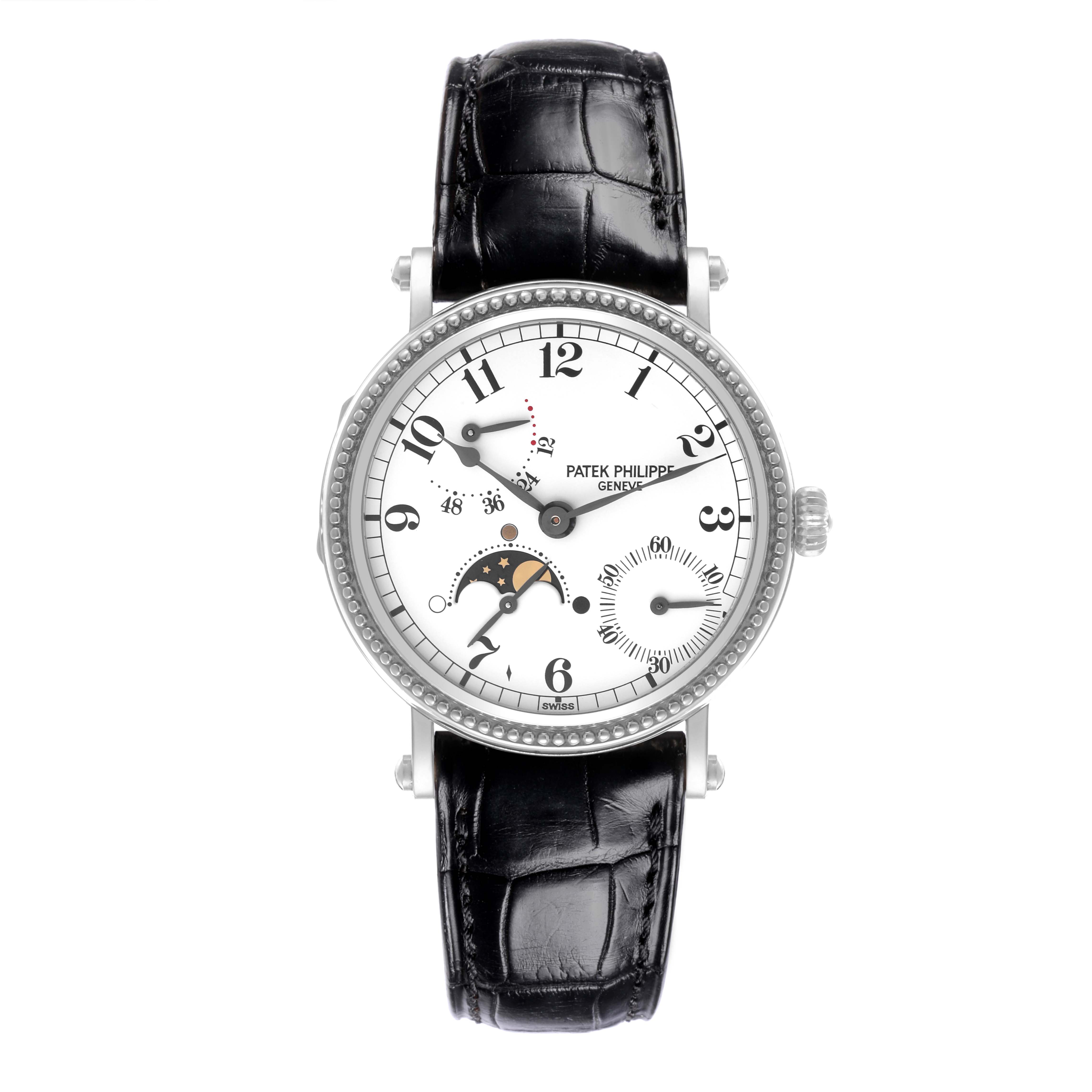 The Patek Philippe Complications 5015G Men's White Gold White Dial 5015G Men's White Gold White Dial watch is shown from a top-down angle, displaying the full face, dials, and leather strap.