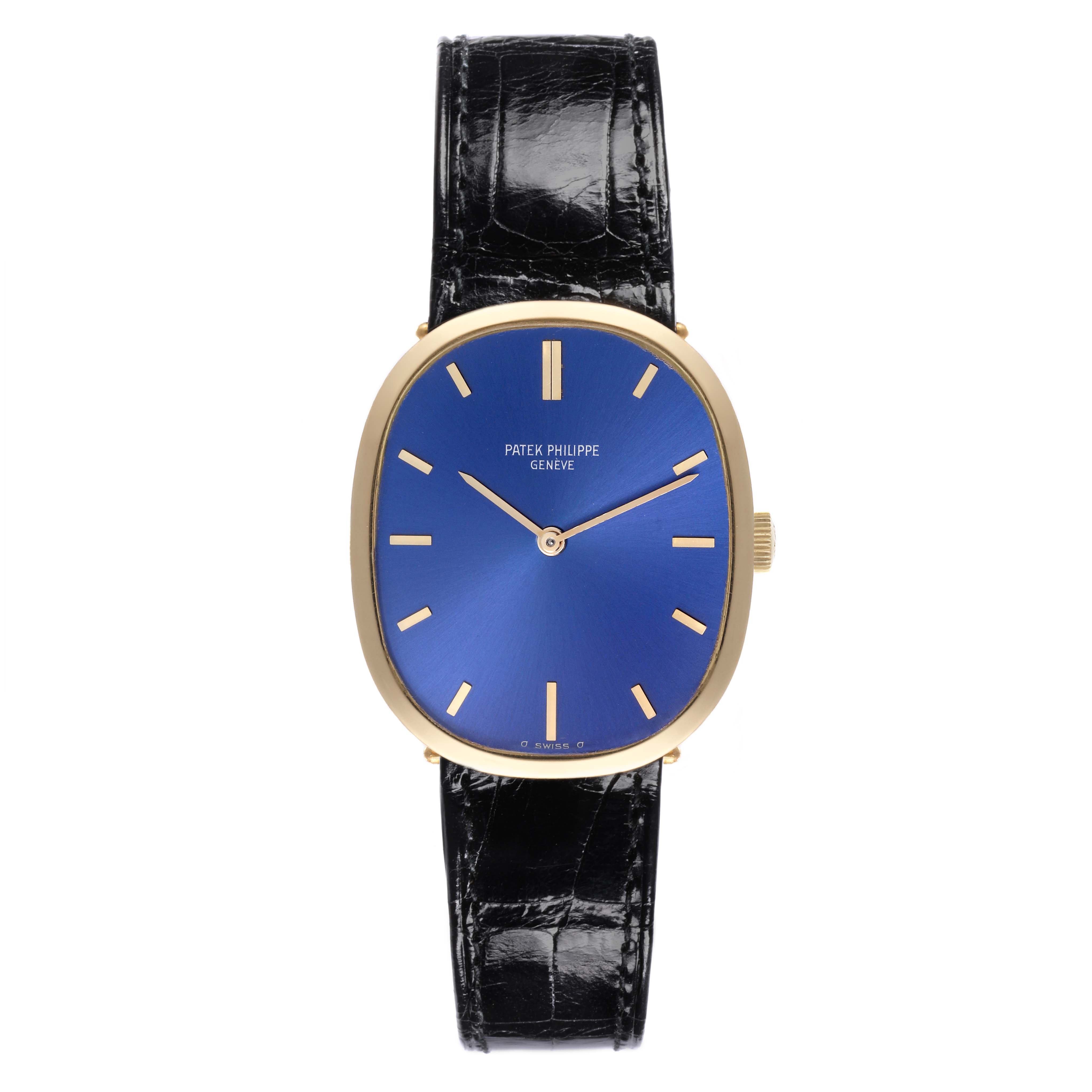 The Patek Philippe Golden Ellipse 3548 Men's Yellow Gold Blue Dial 3548 Men's Yellow Gold Blue Dial watch is shown from the front, featuring its blue dial, gold case, and black leather strap.