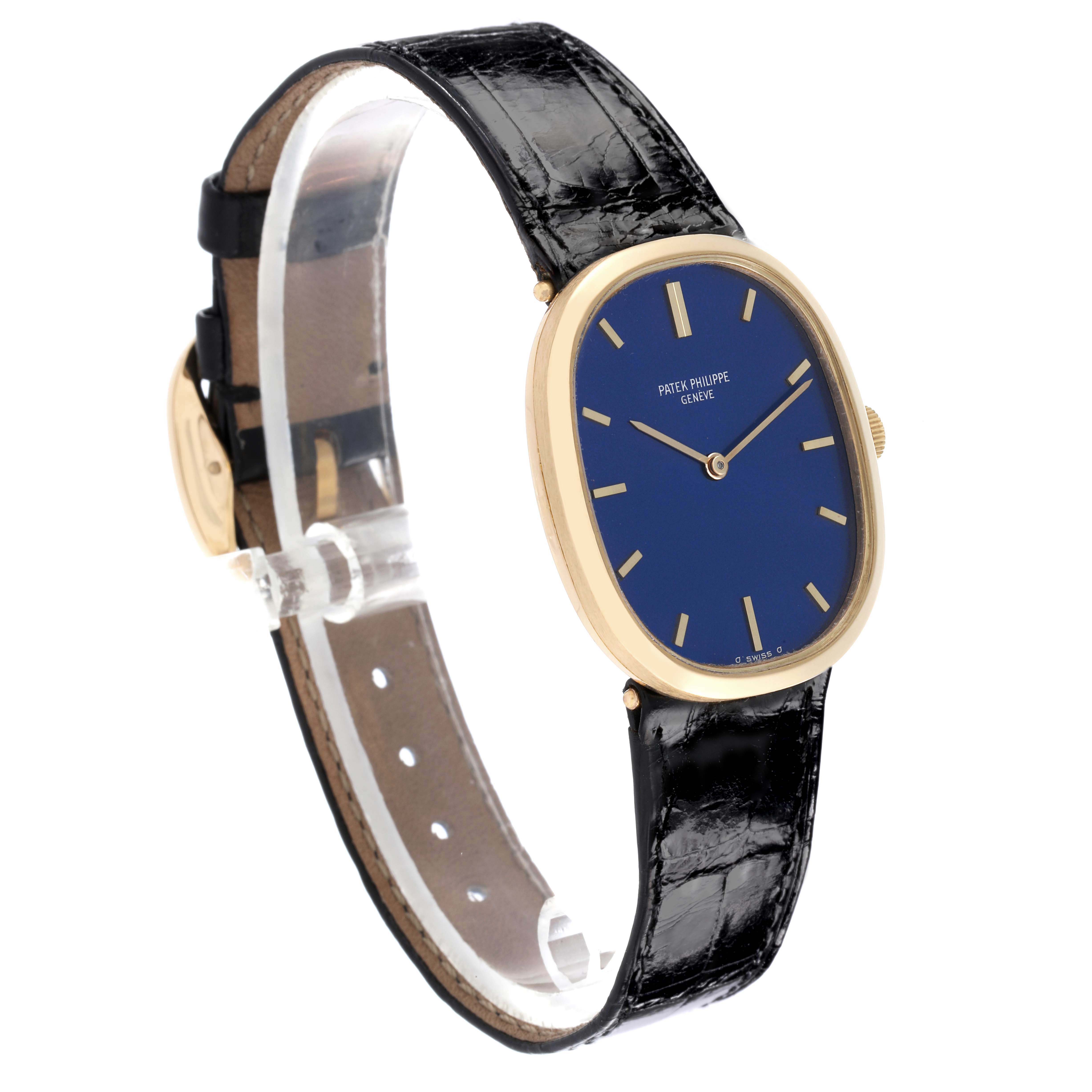 The Patek Philippe Golden Ellipse 3548 Men's Yellow Gold Blue Dial 3548 Men's Yellow Gold Blue Dial watch is shown at a slight angle, displaying the blue dial, gold case, and black leather strap.